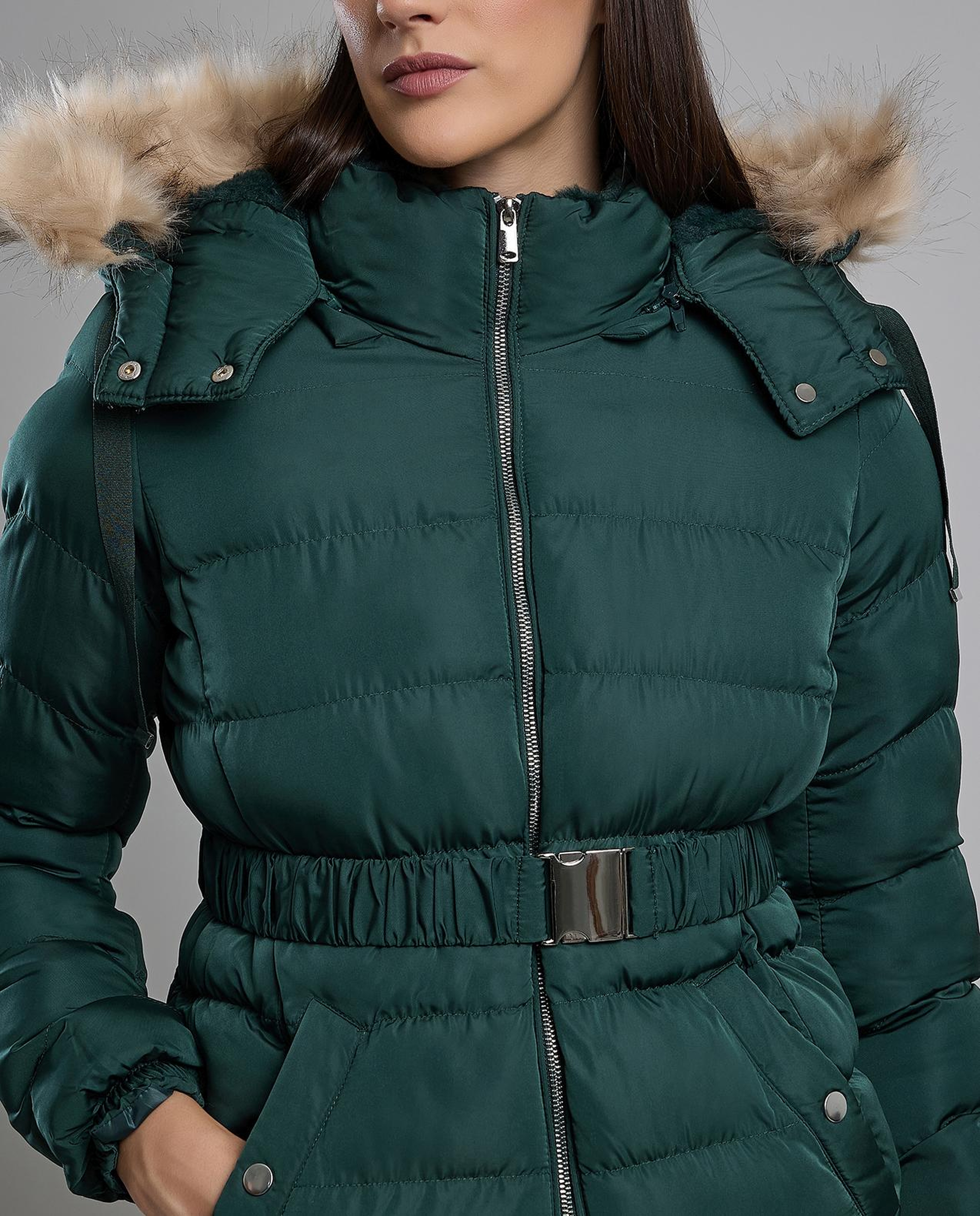 Quilted Hooded Puffer Jacket with Zipper Closure