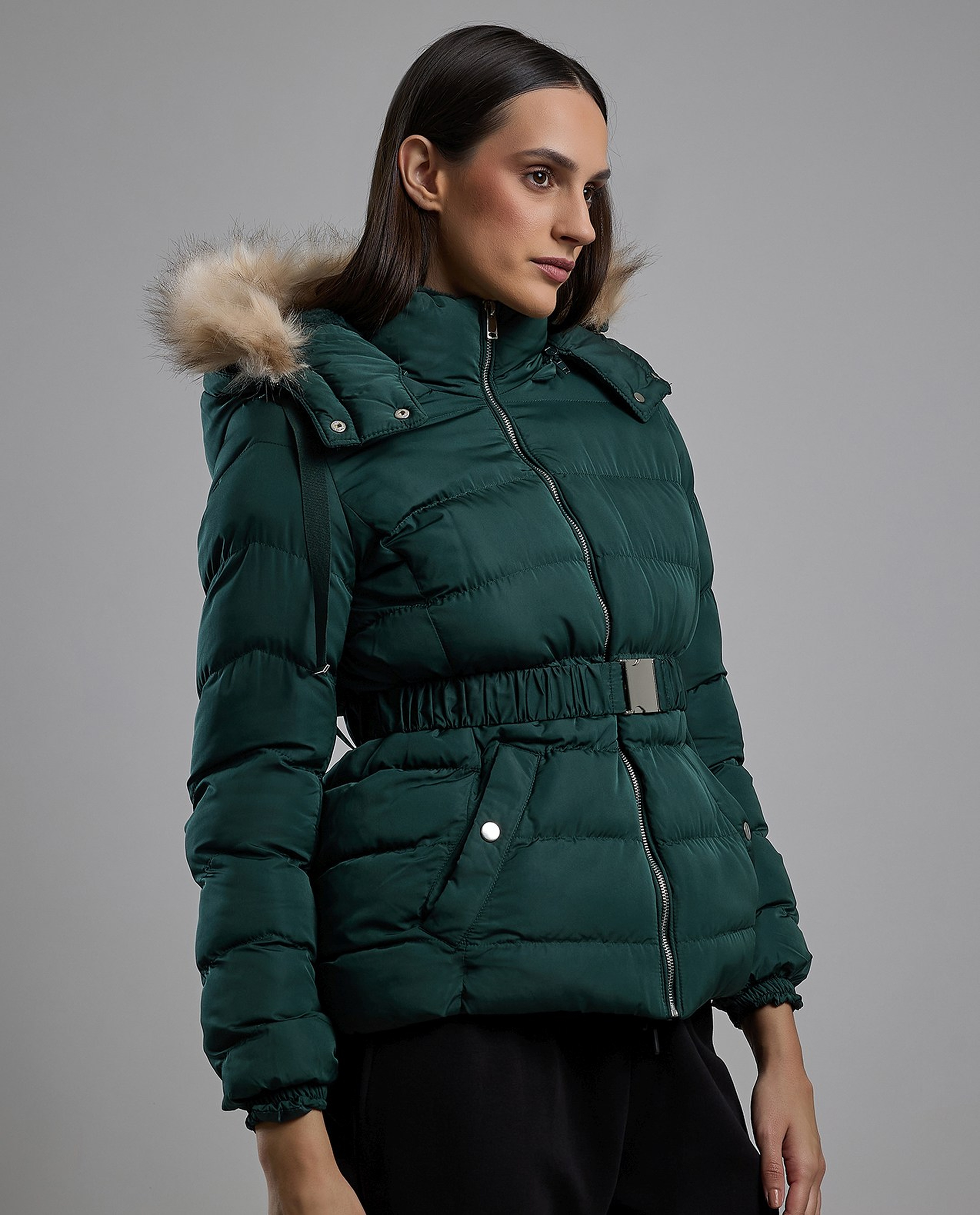 Quilted Hooded Puffer Jacket with Zipper Closure