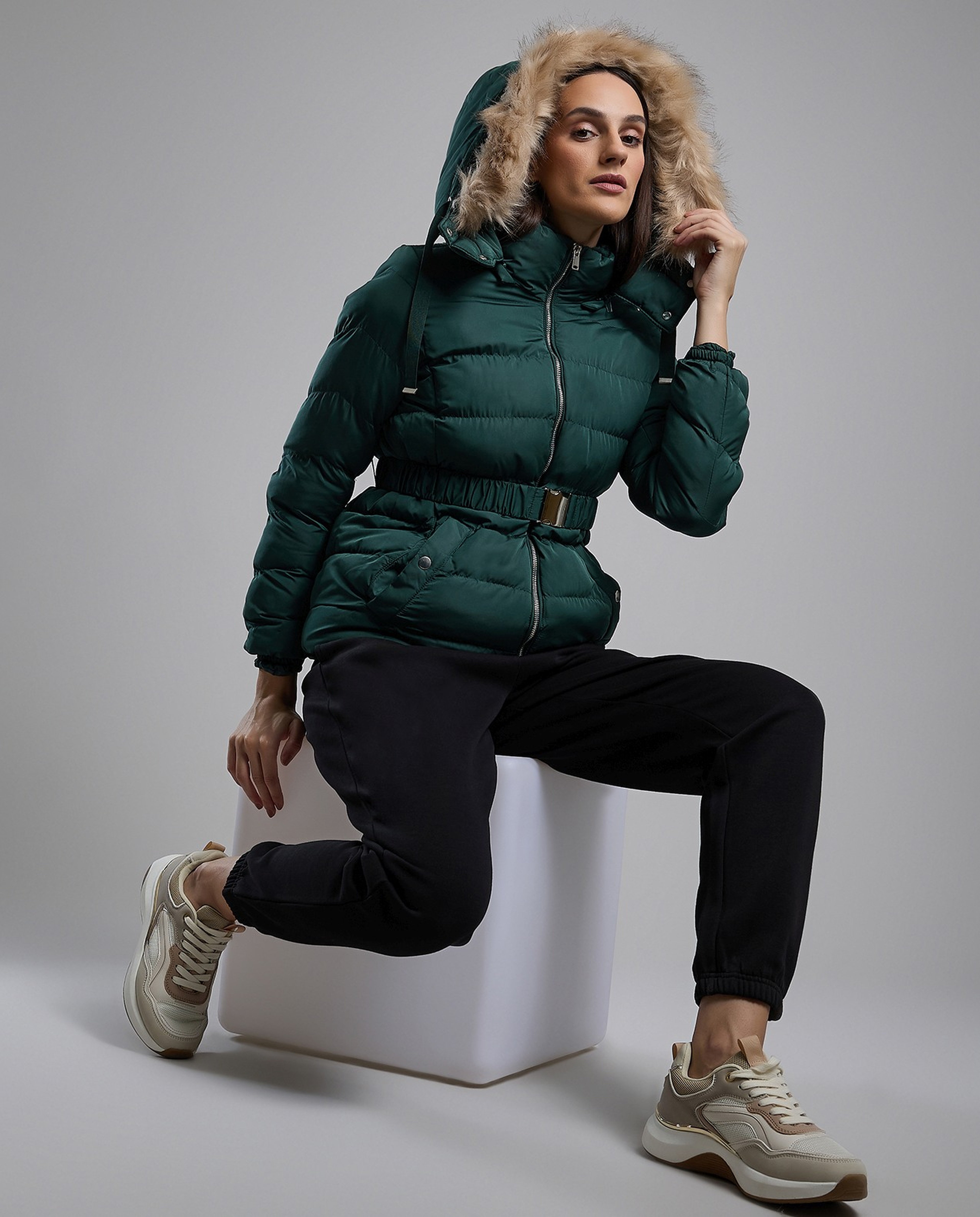 Quilted Hooded Puffer Jacket with Zipper Closure