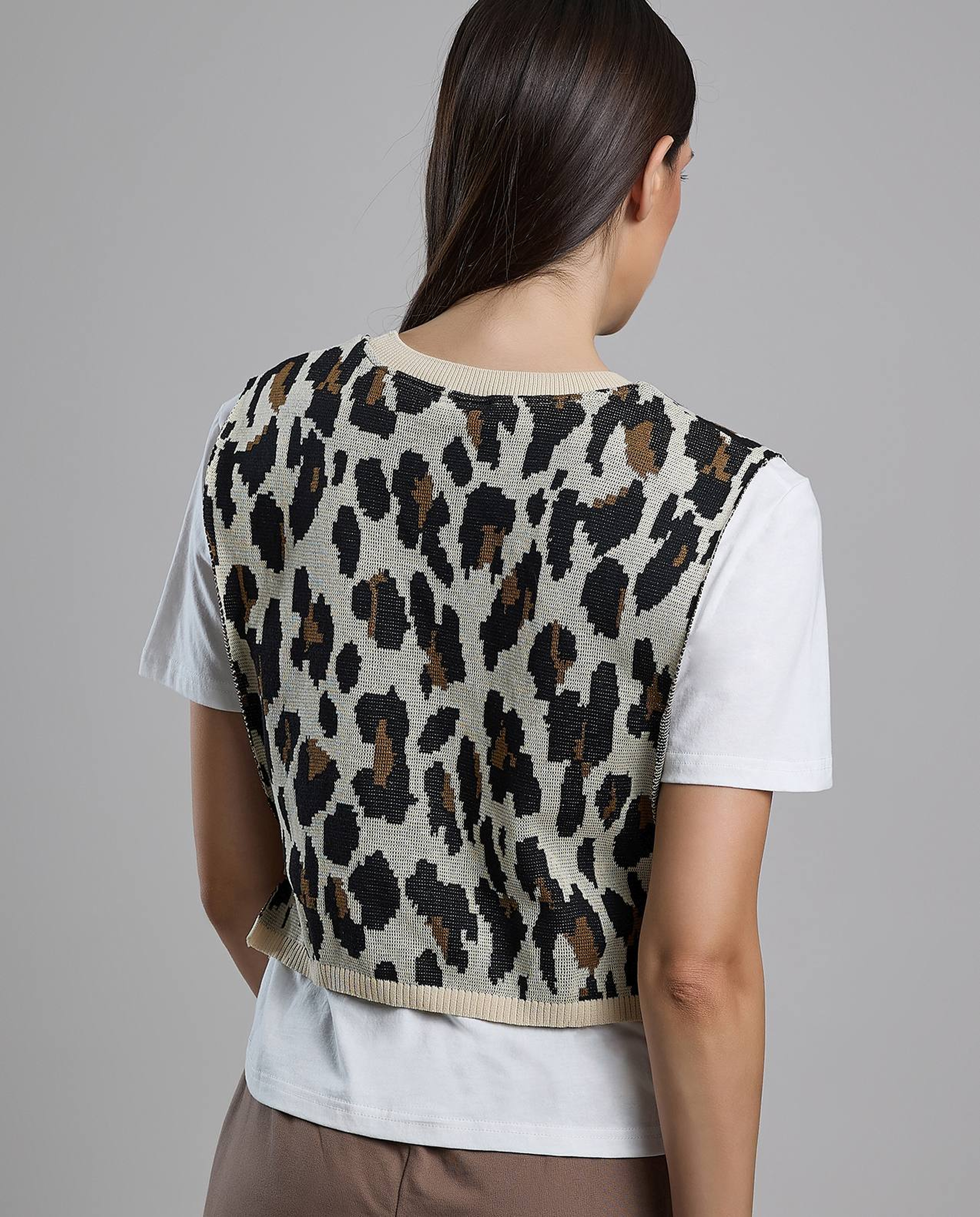 Animal Patterned Layered Top with Crew Neck and Short Sleeves