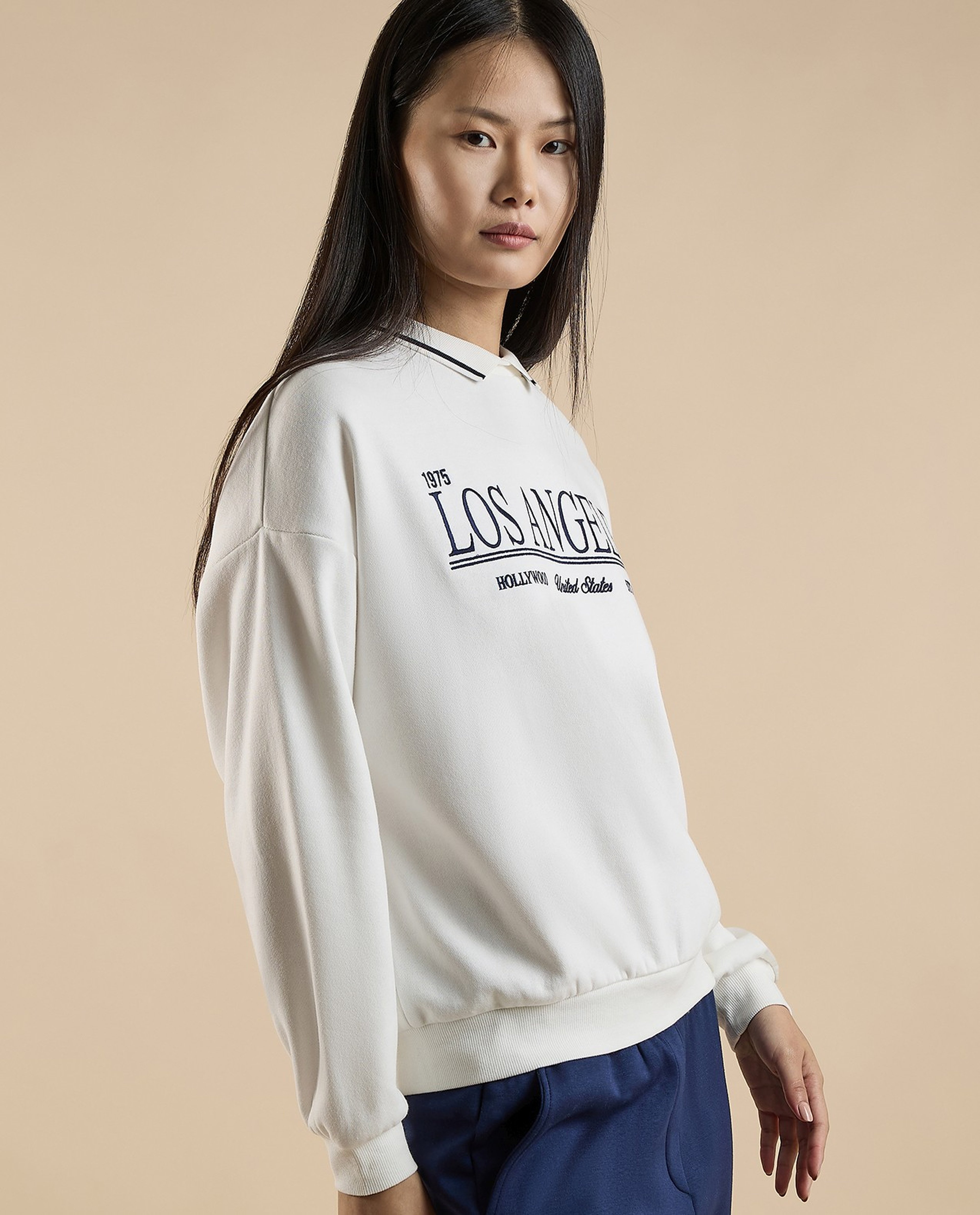 Typography Print Collared Sweatshirt with Long Sleeves