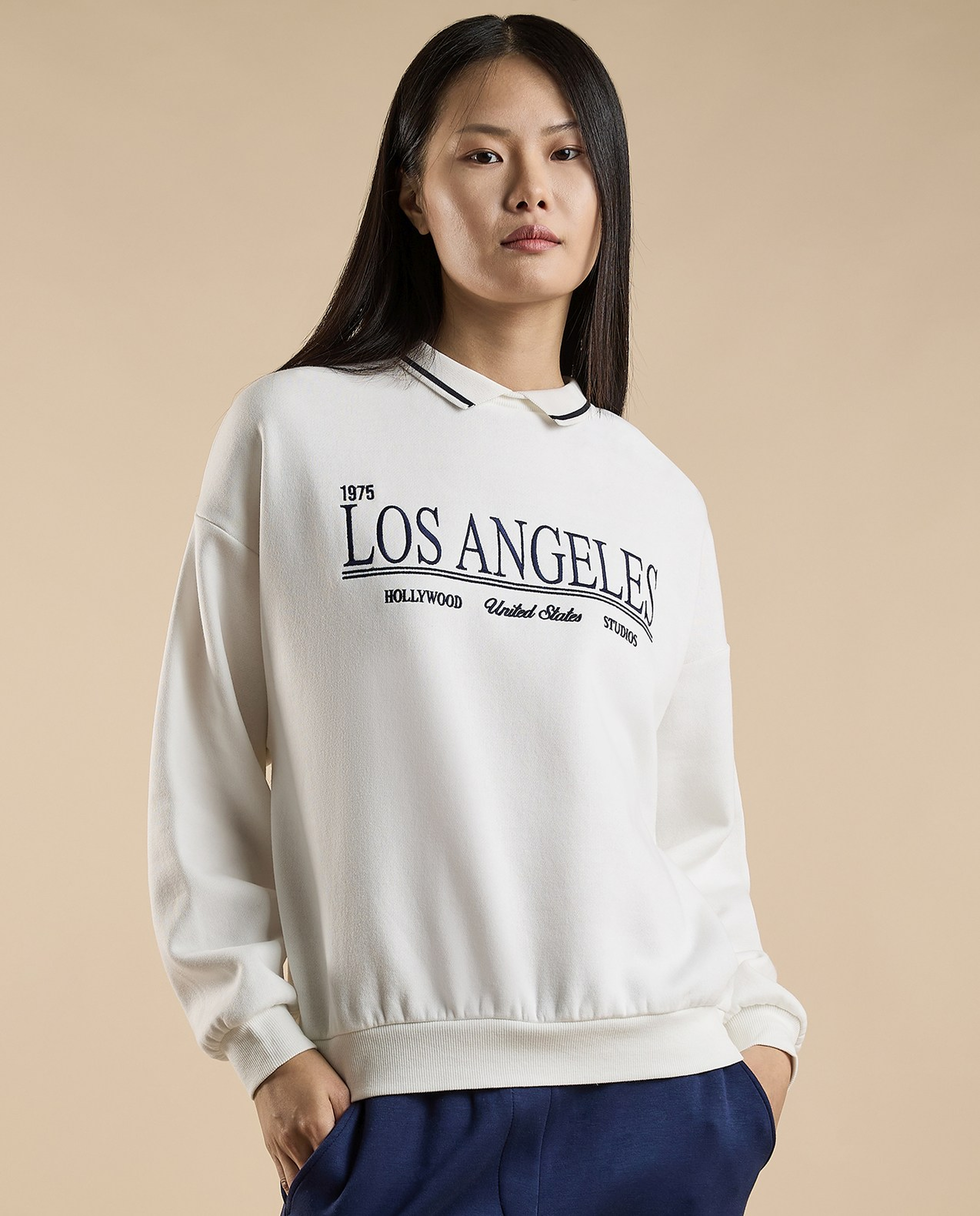 Typography Print Collared Sweatshirt with Long Sleeves