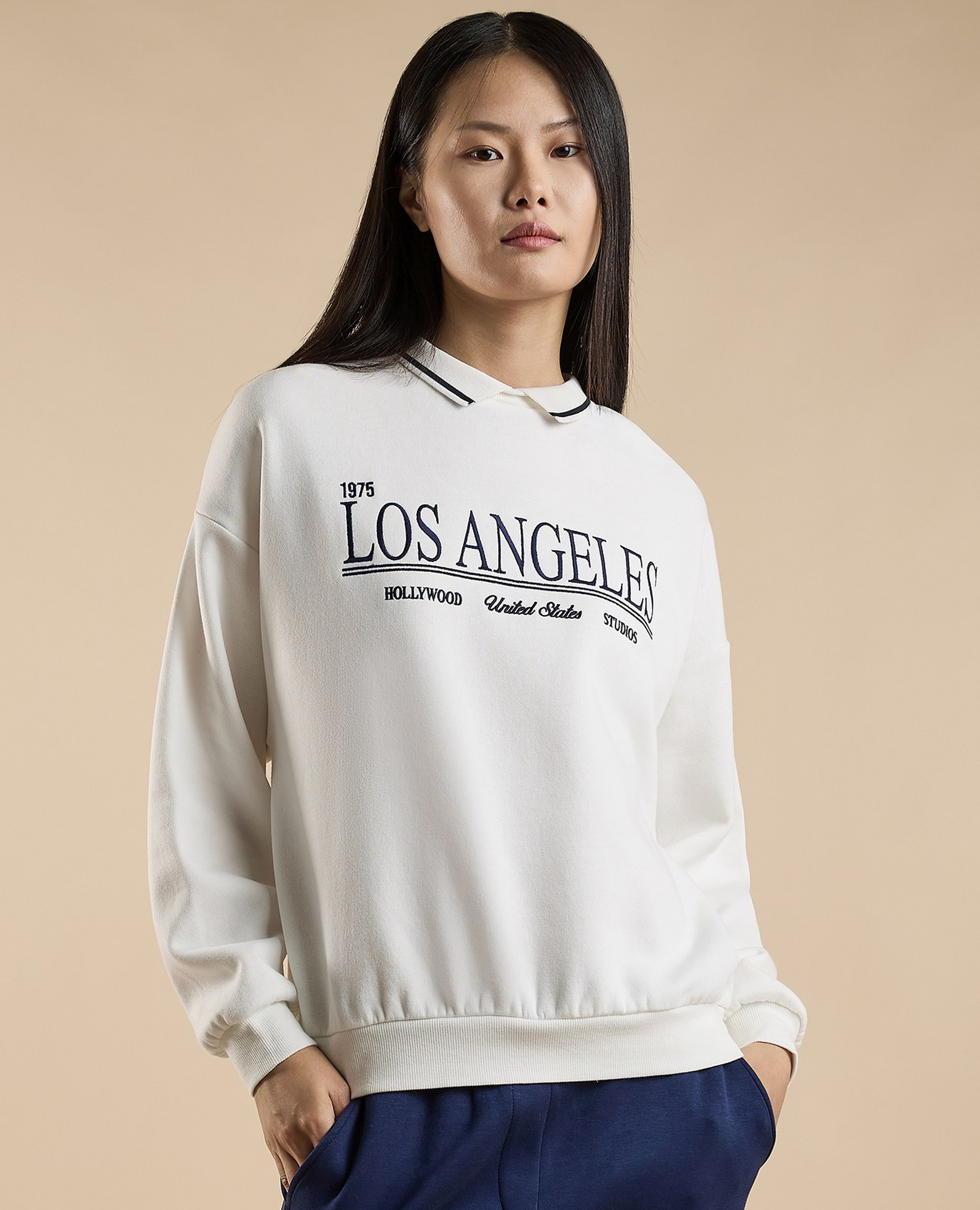 Typography Print Collared Sweatshirt with Long Sleeves