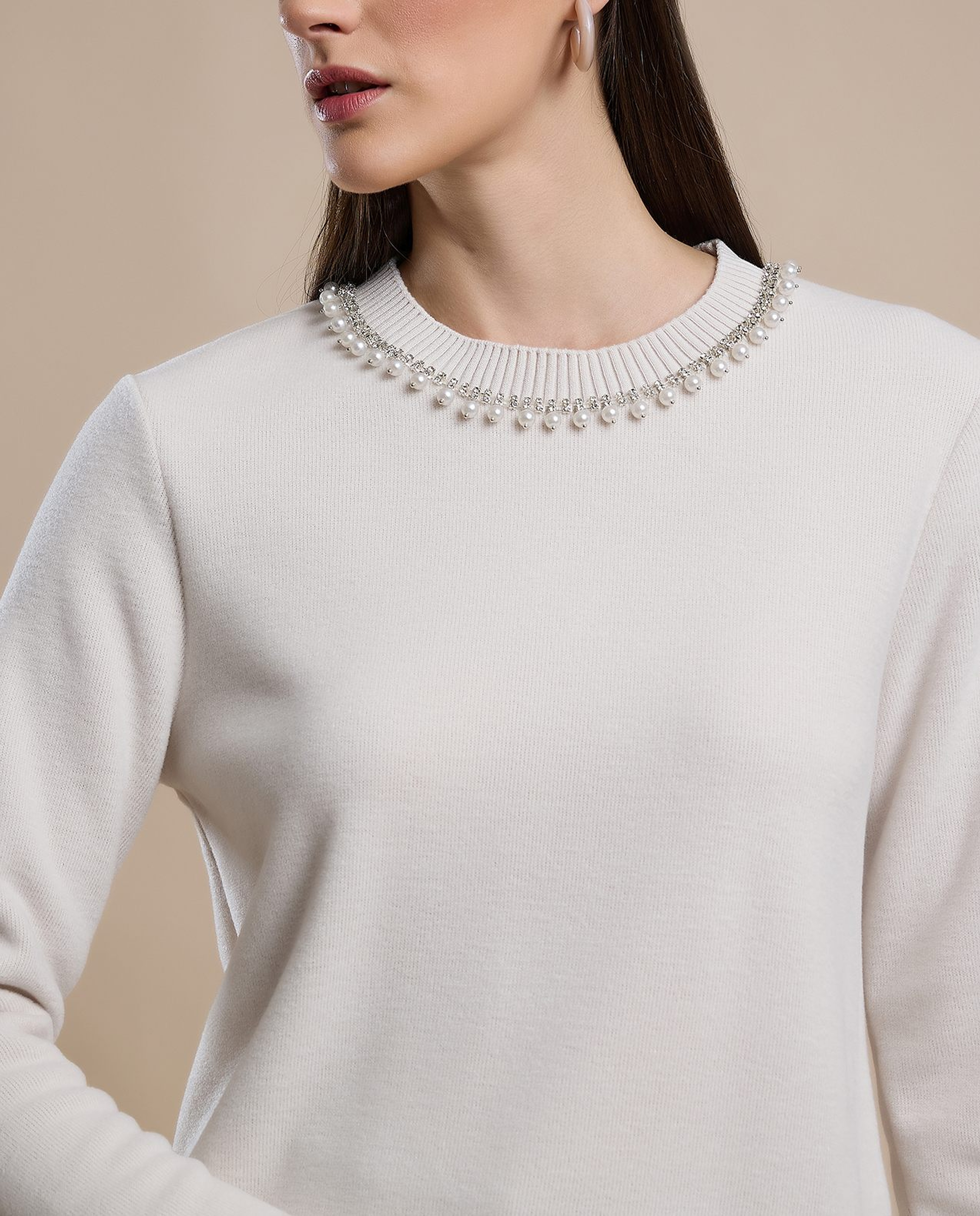Pearl Detail Sweater with Crew Neck and Long Sleeves