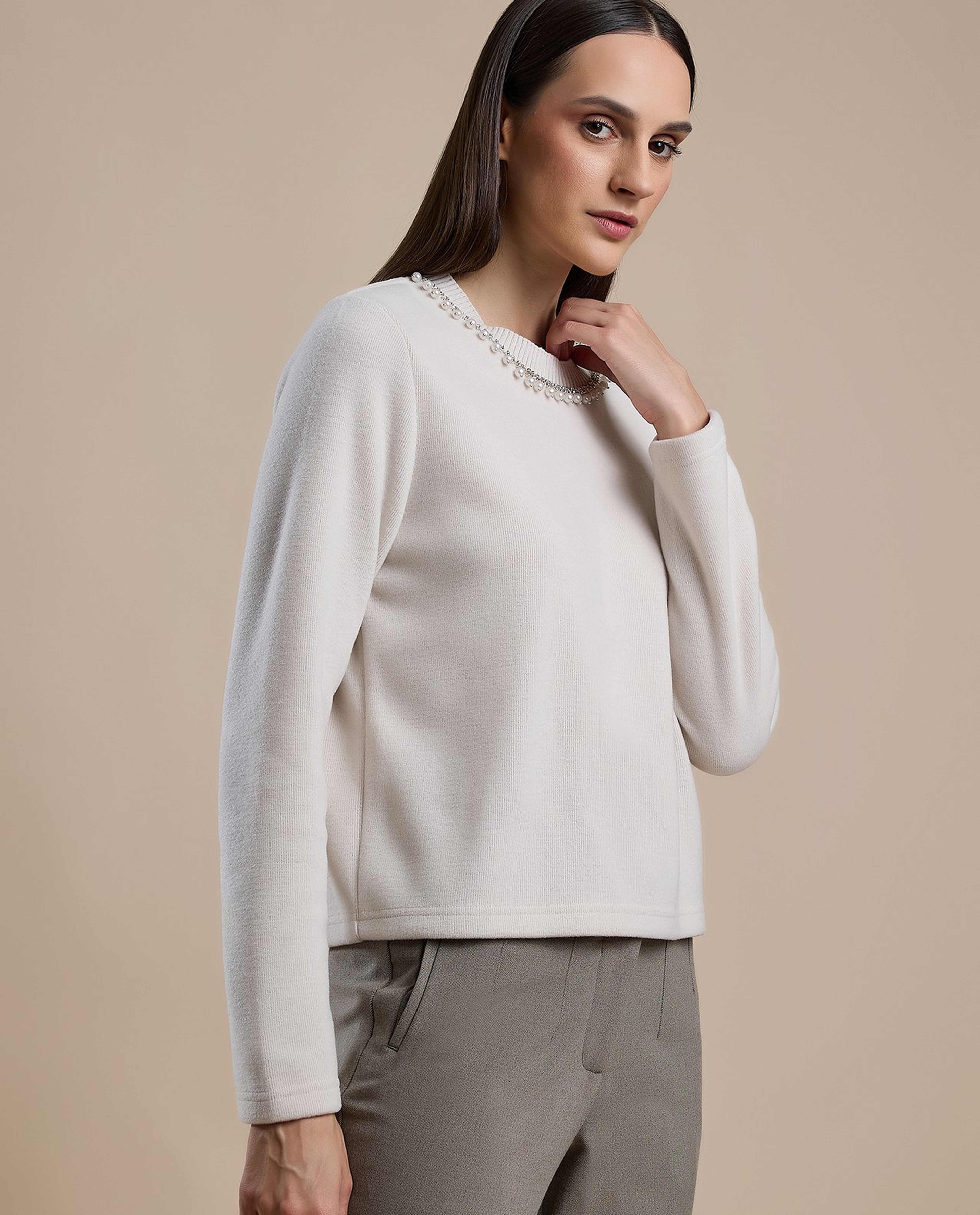 Pearl Detail Sweater with Crew Neck and Long Sleeves
