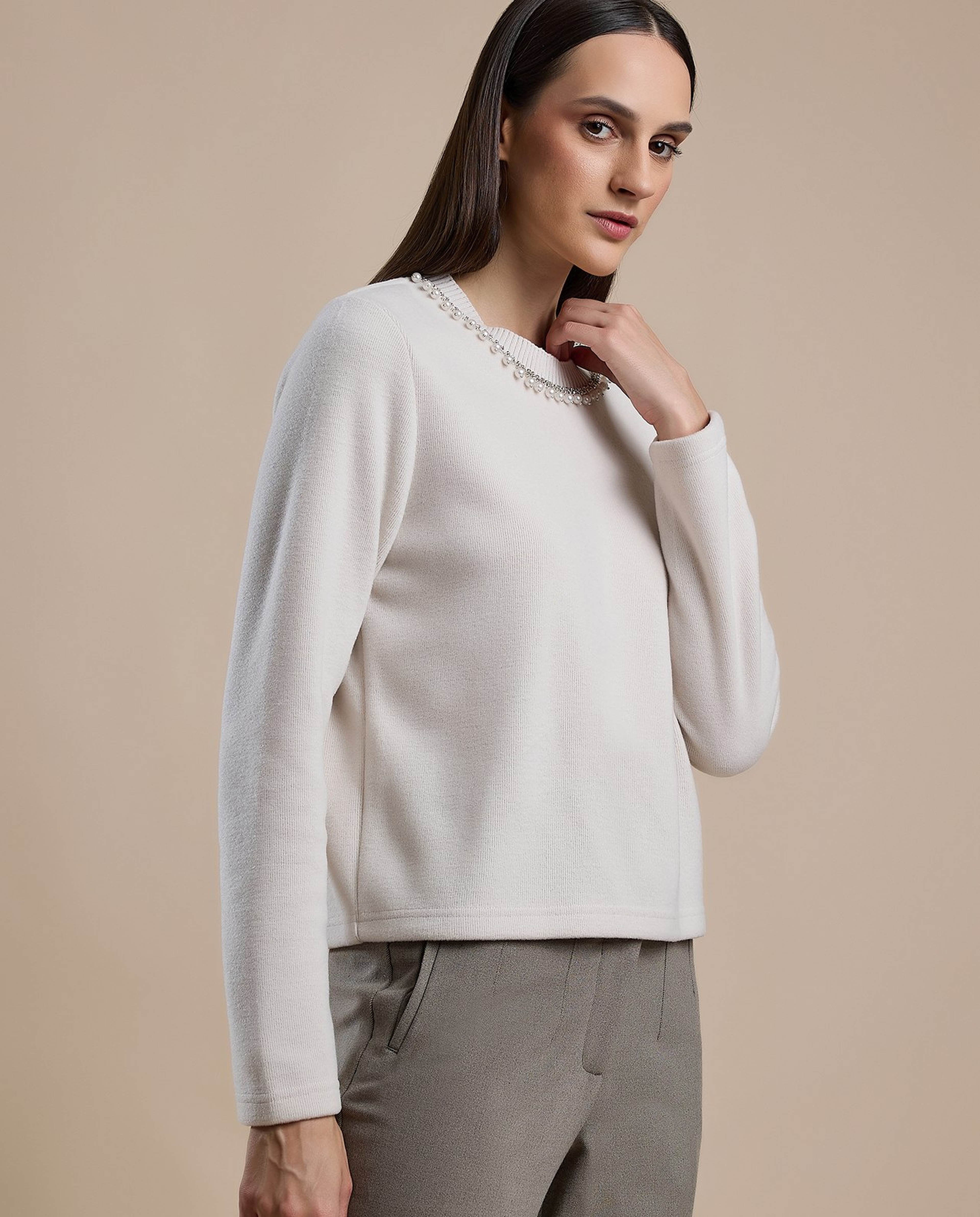 Pearl Detail Sweater with Crew Neck and Long Sleeves