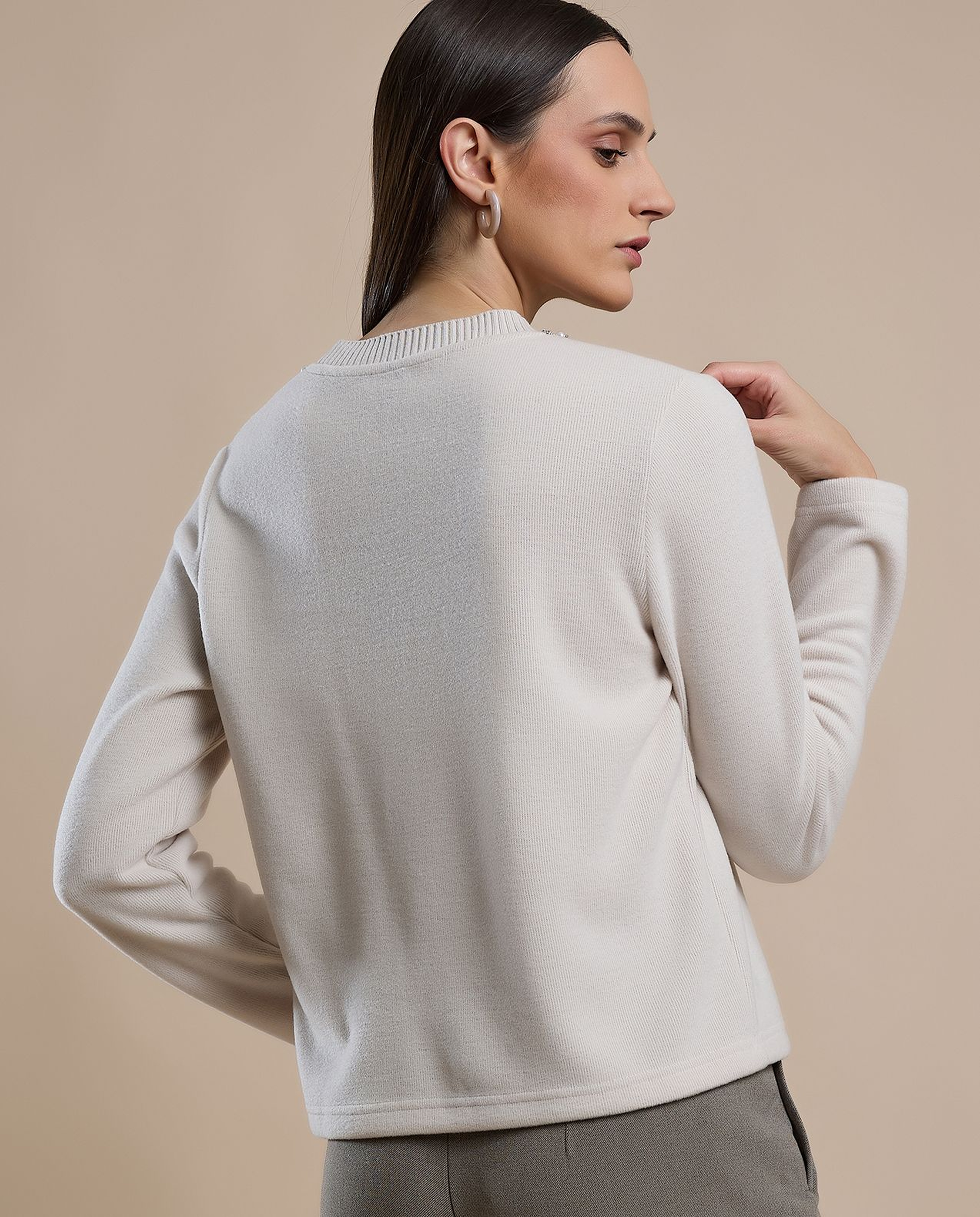 Pearl Detail Sweater with Crew Neck and Long Sleeves