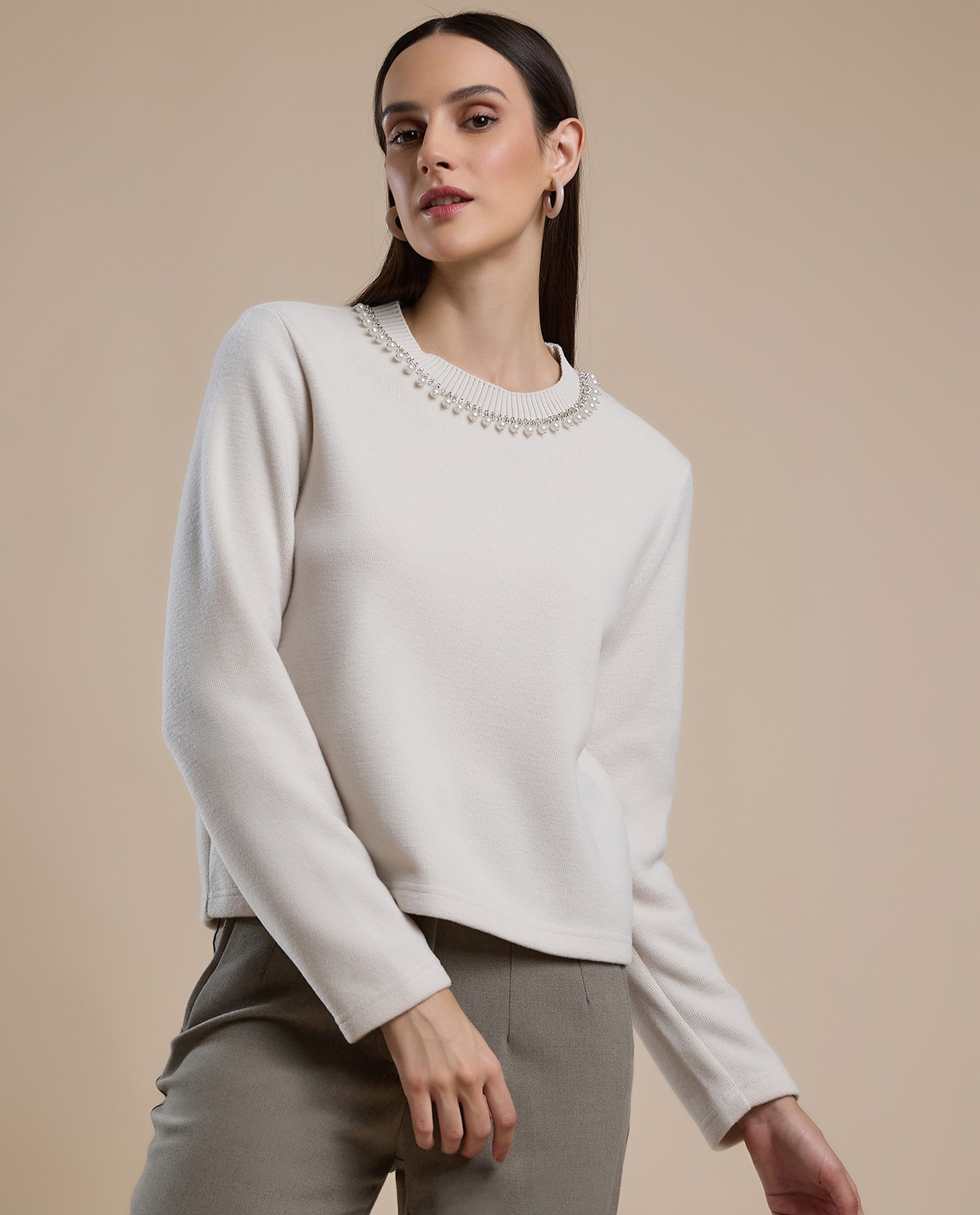Pearl Detail Sweater with Crew Neck and Long Sleeves