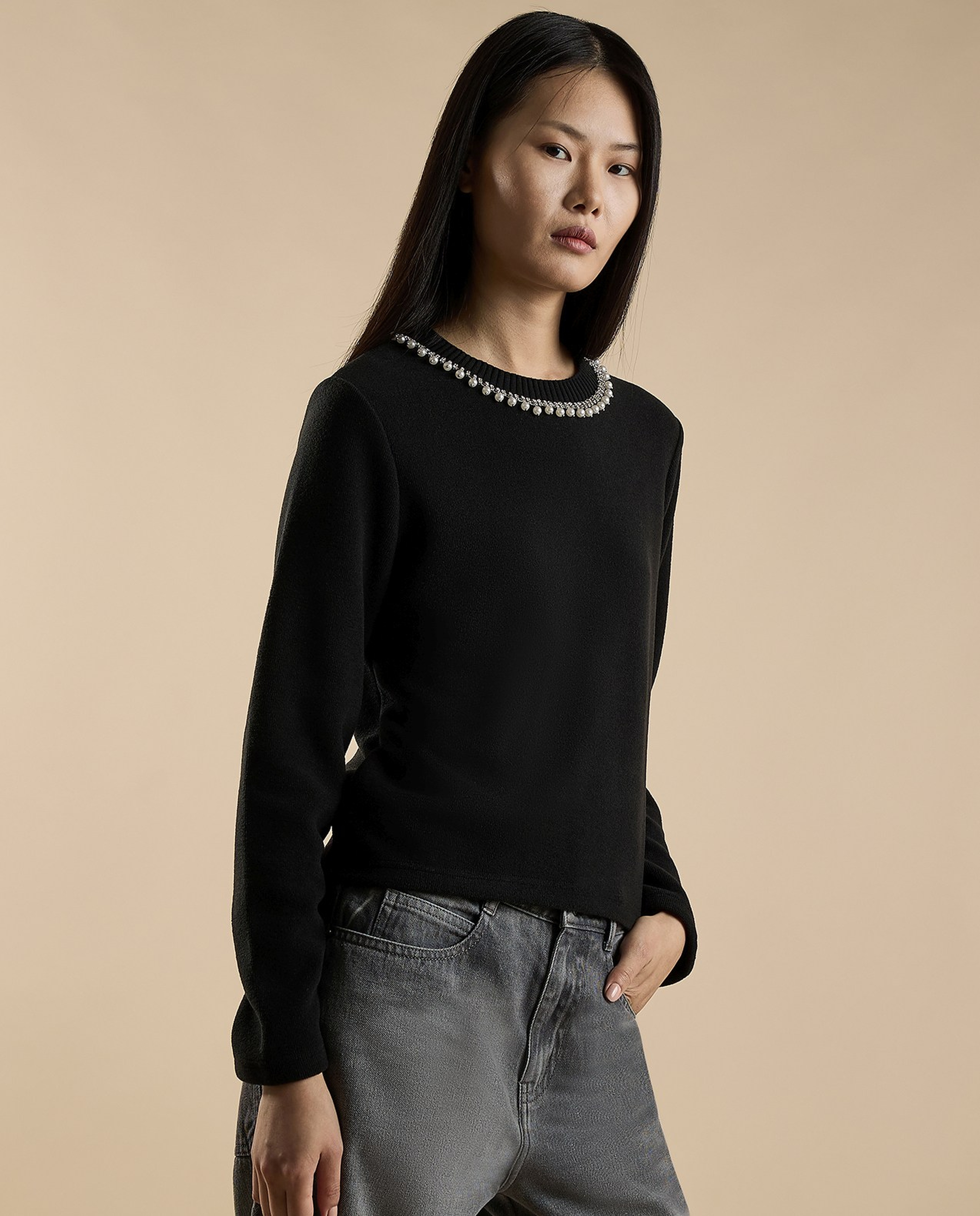 Pearl Detail Sweater with Crew Neck and Long Sleeves