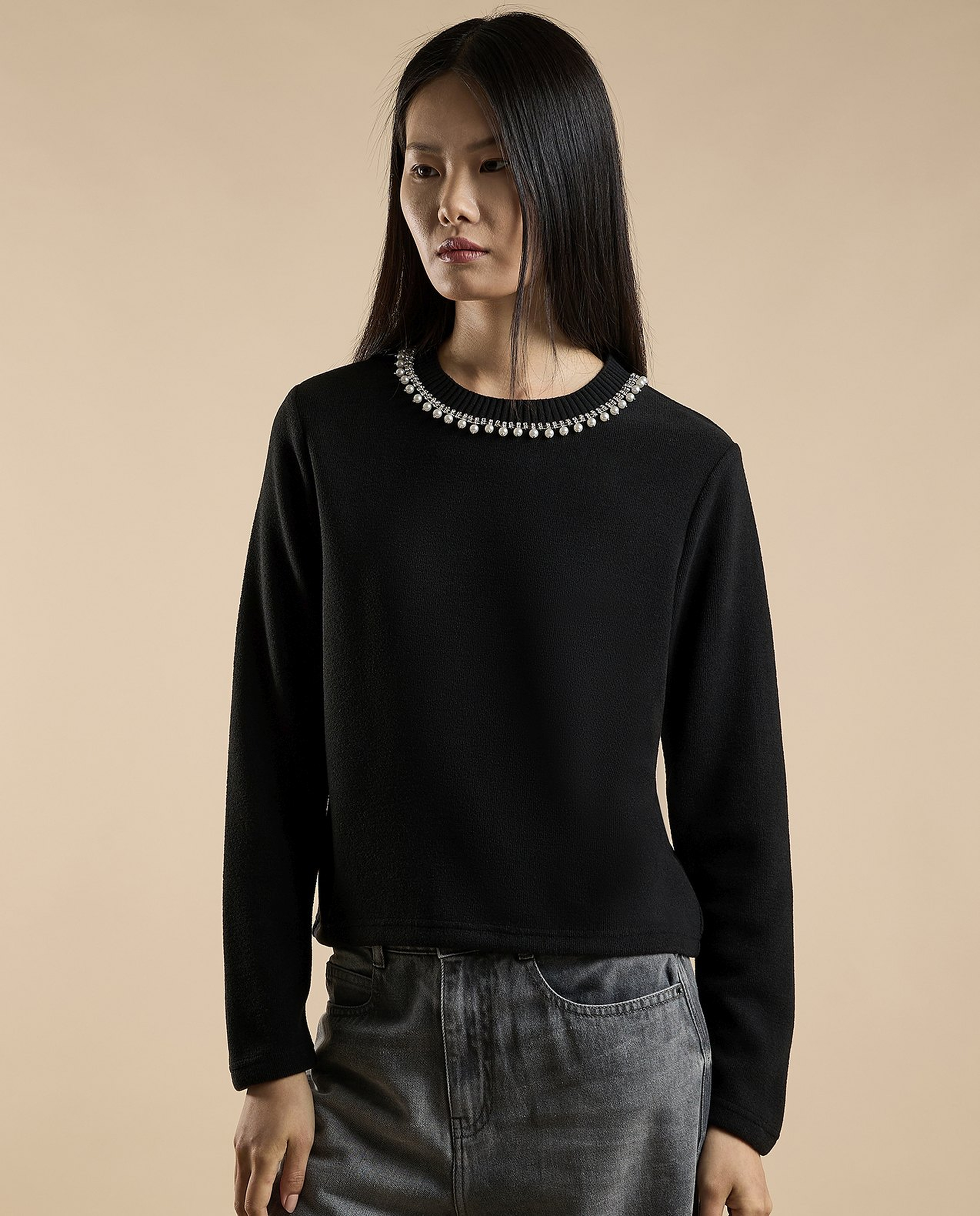 Pearl Detail Sweater with Crew Neck and Long Sleeves