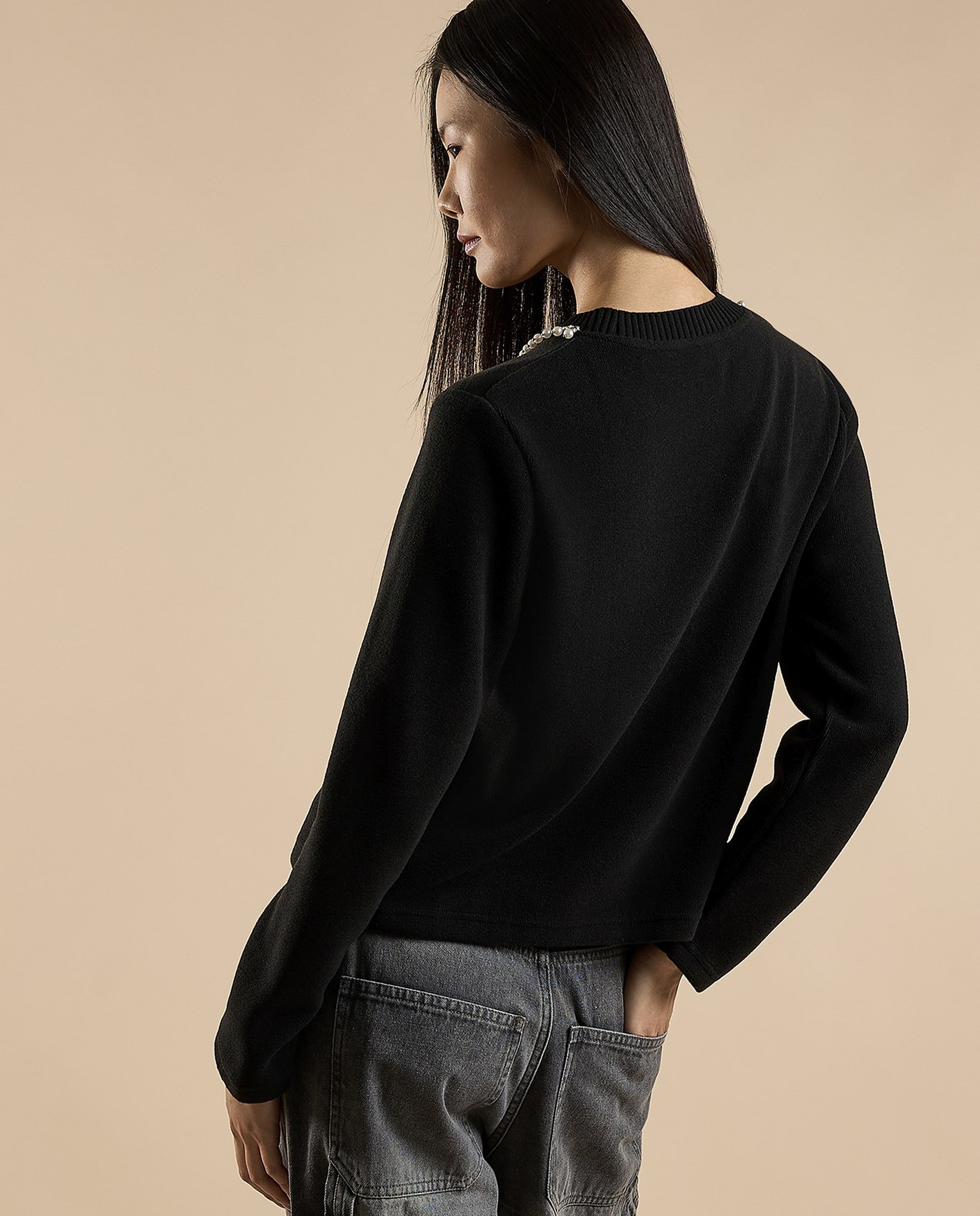 Pearl Detail Sweater with Crew Neck and Long Sleeves