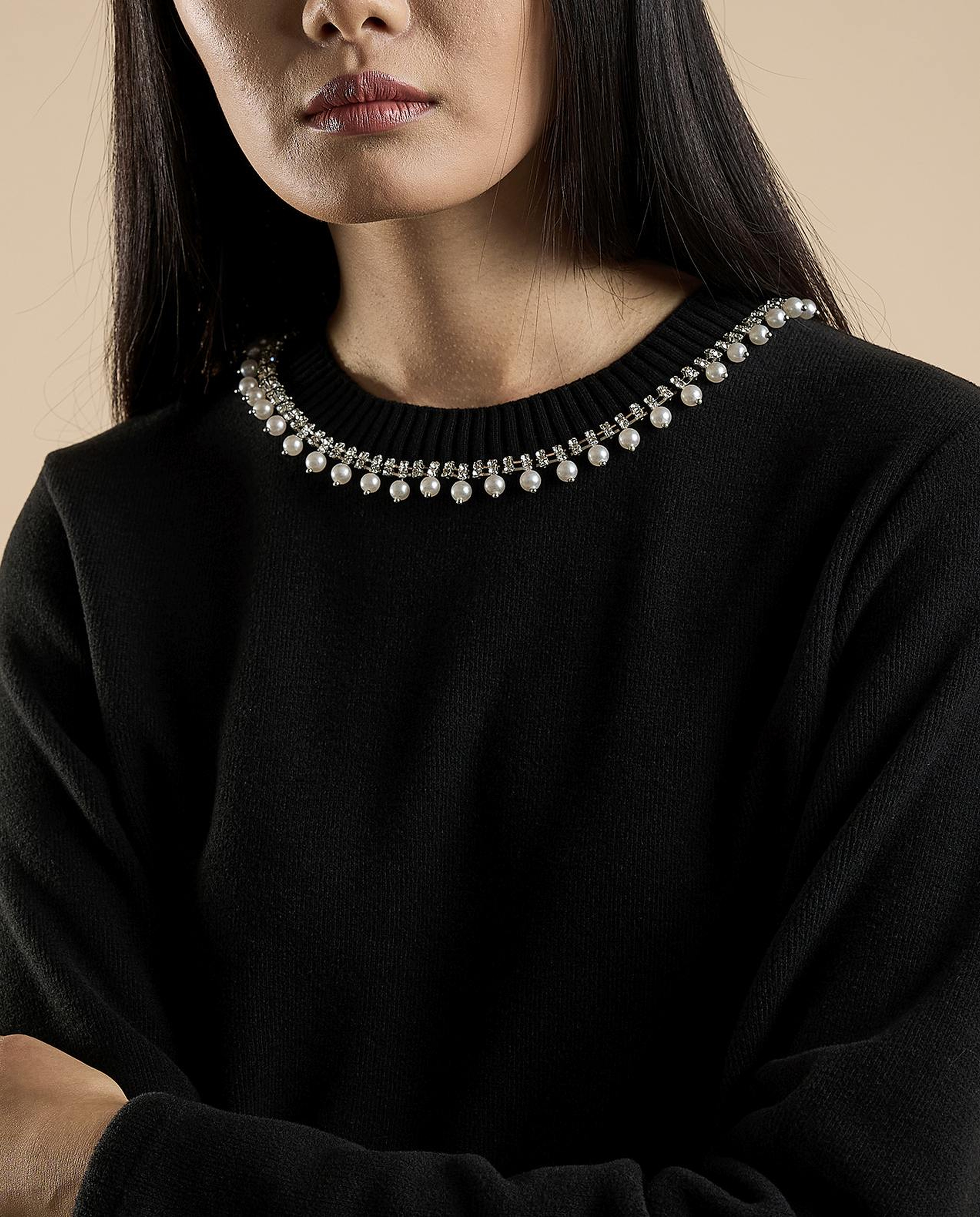 Pearl Detail Sweater with Crew Neck and Long Sleeves