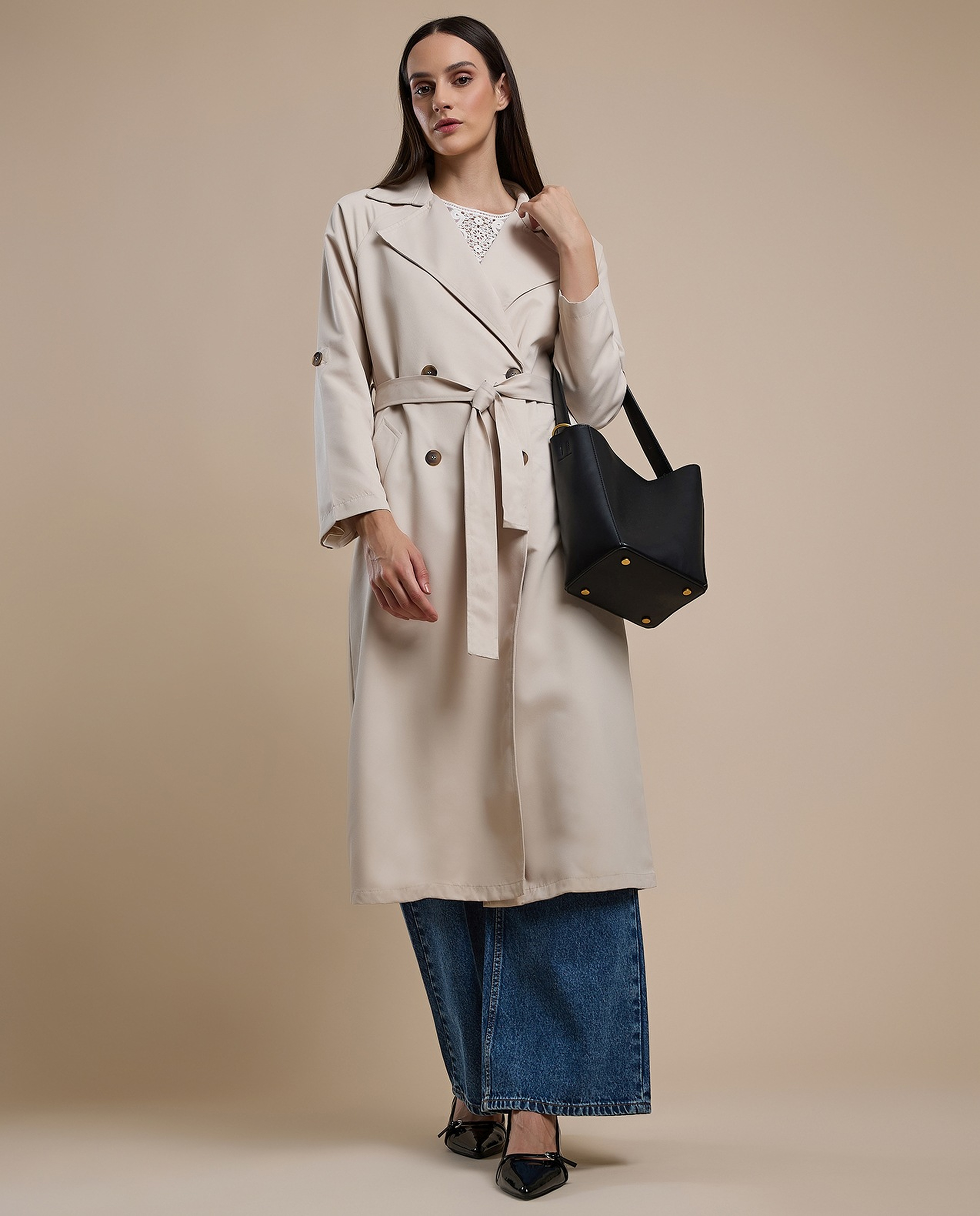 Solid Double Breasted Overcoat with Long Sleeves