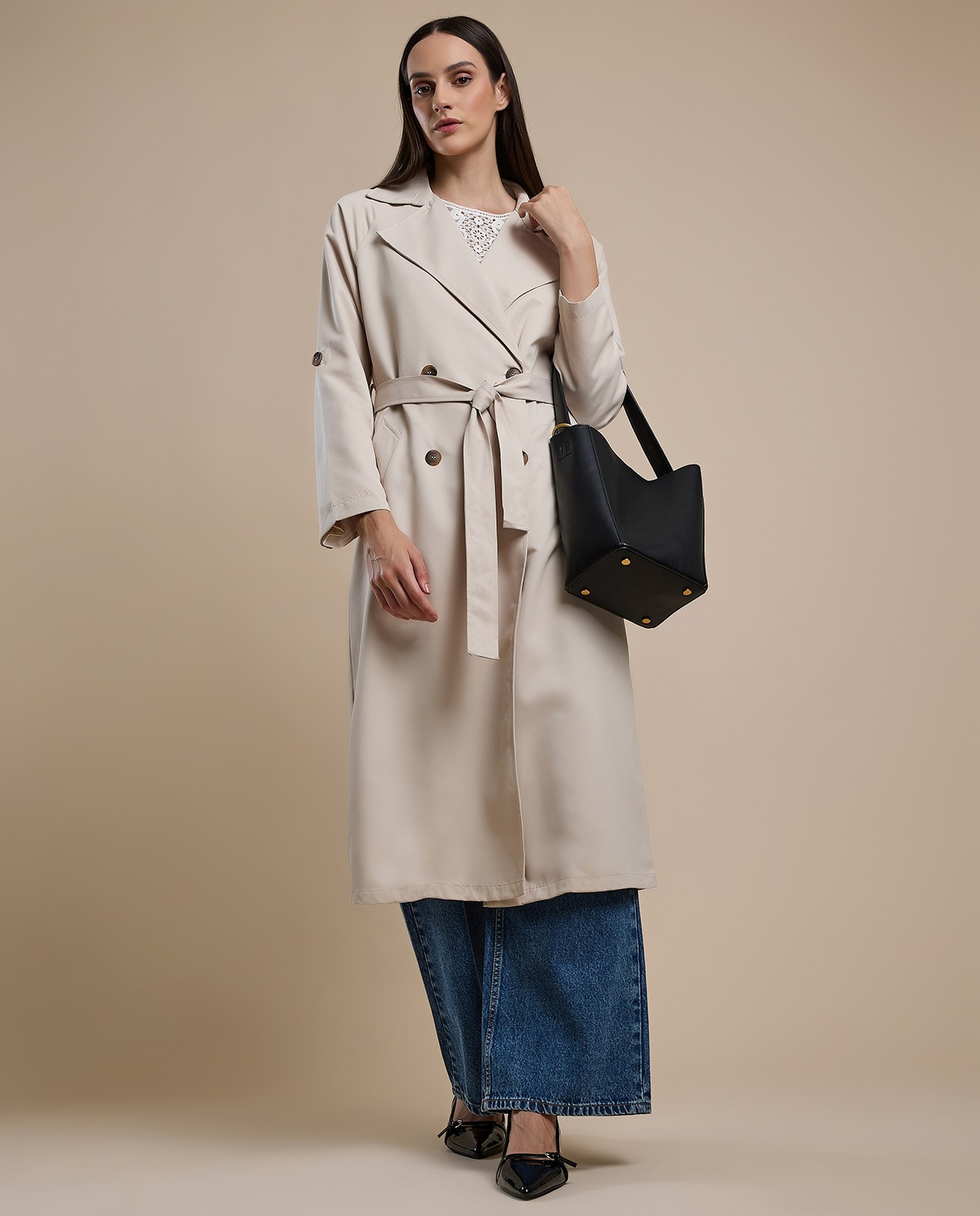 Solid Double Breasted Overcoat with Long Sleeves