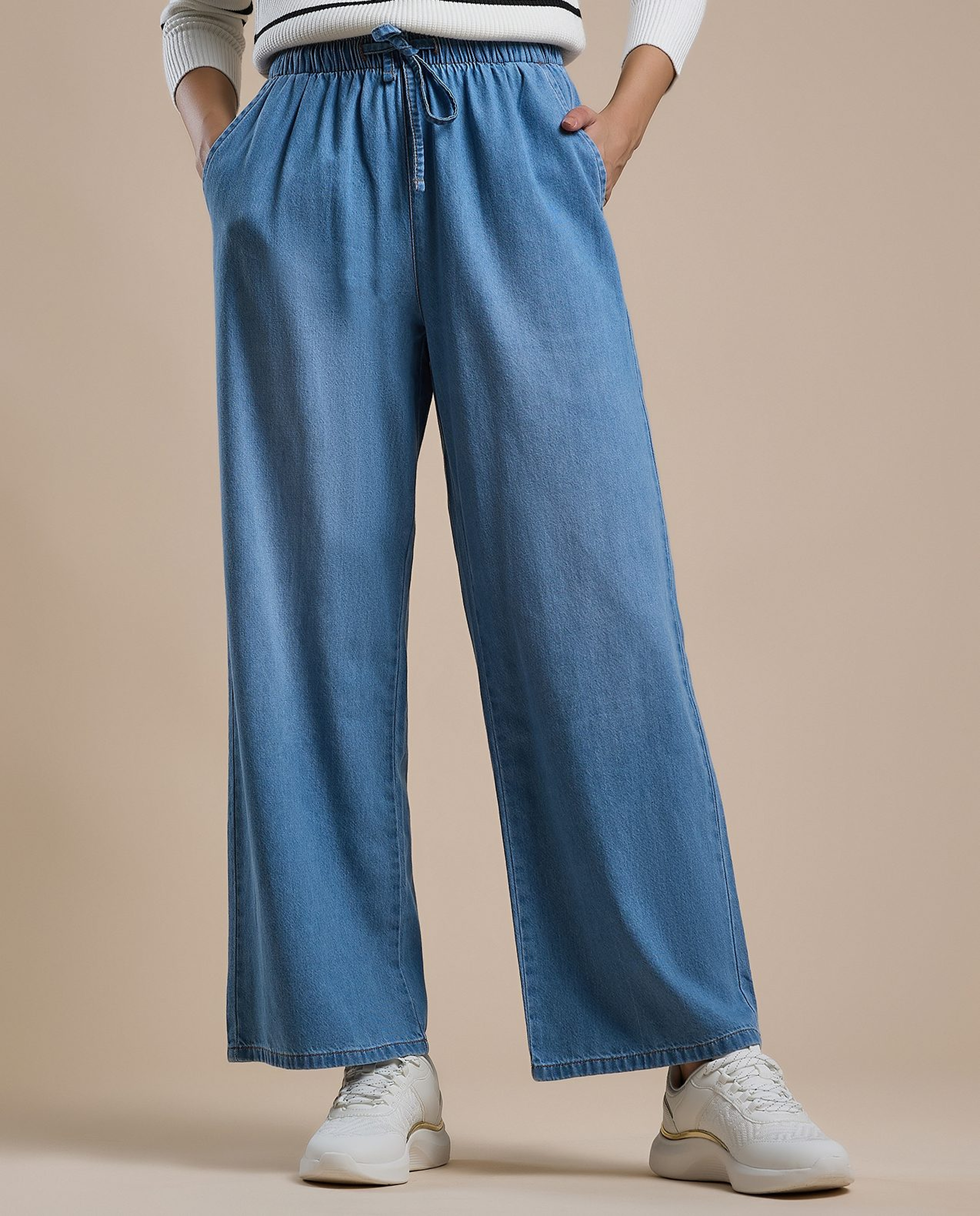 Faded Wide Leg Jeans with Drawstring Waist