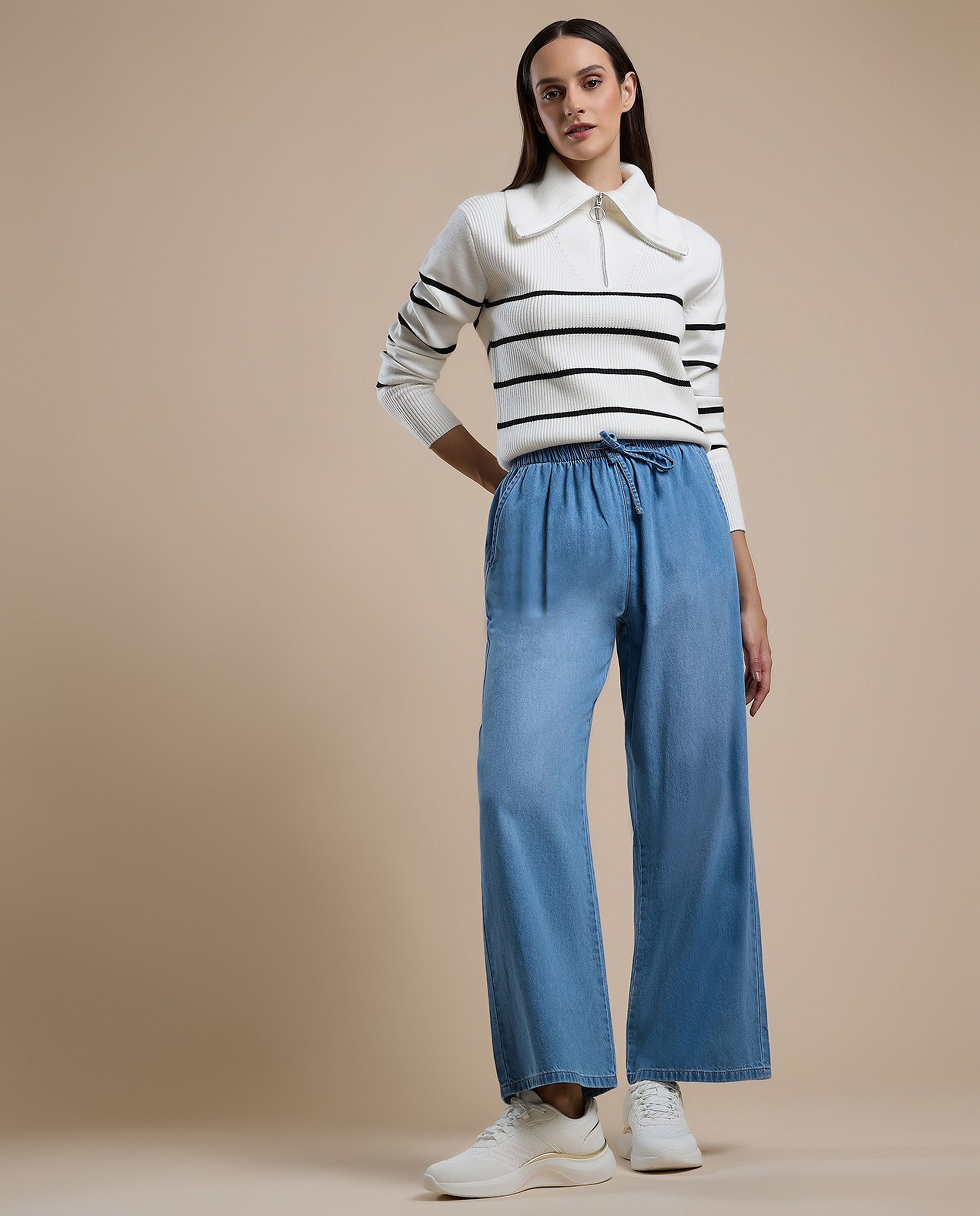 Faded Wide Leg Jeans with Drawstring Waist