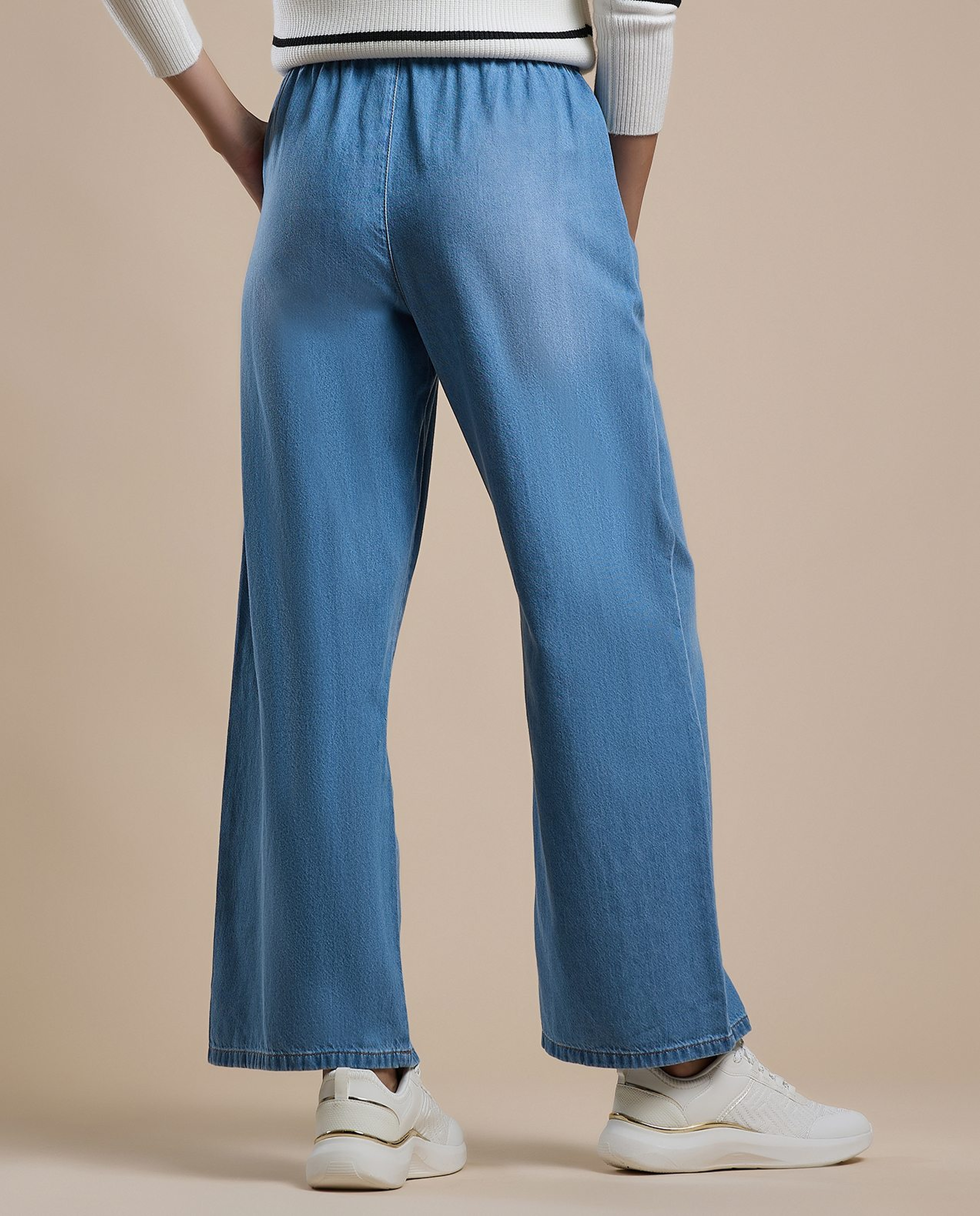 Faded Wide Leg Jeans with Drawstring Waist