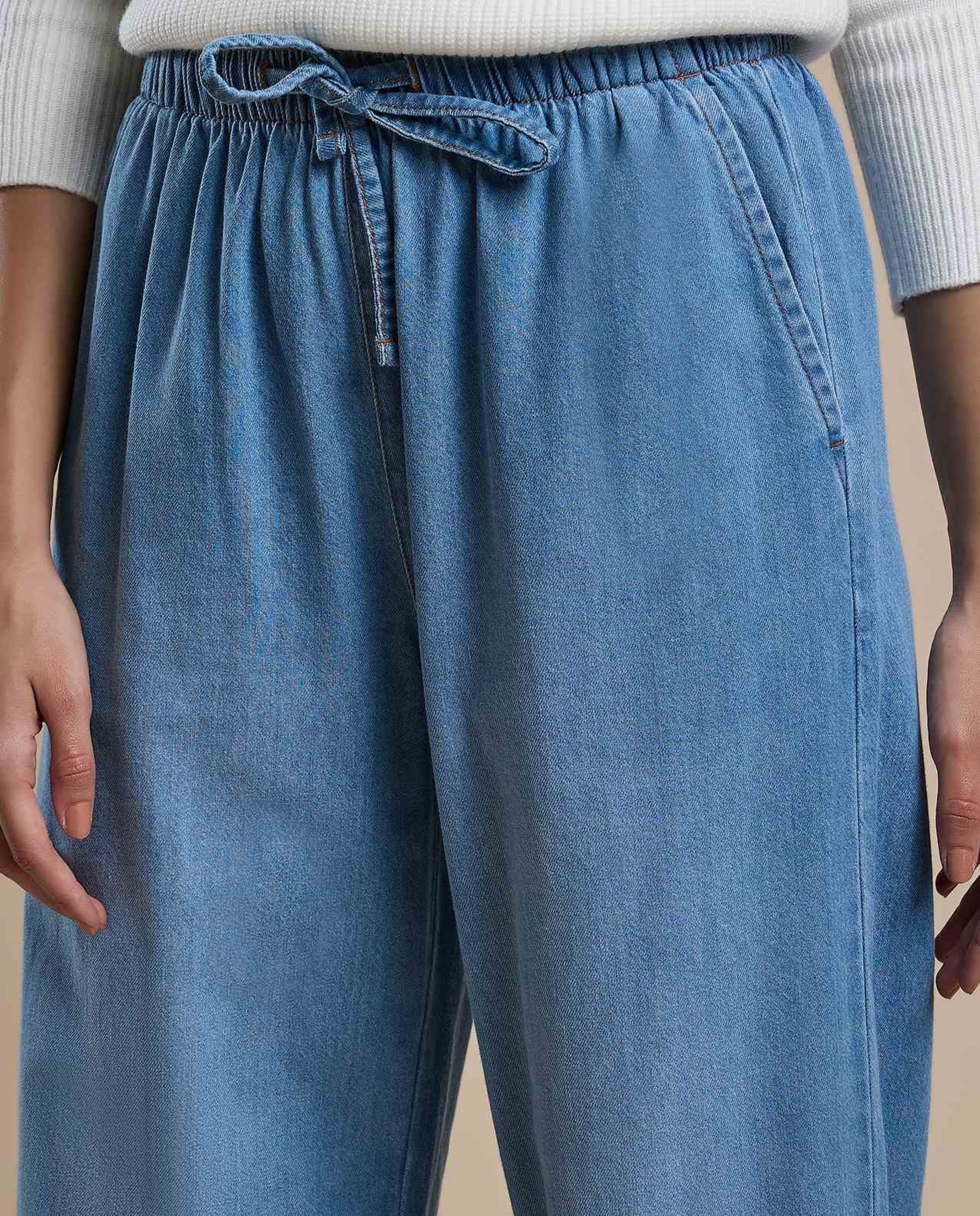 Faded Wide Leg Jeans with Drawstring Waist