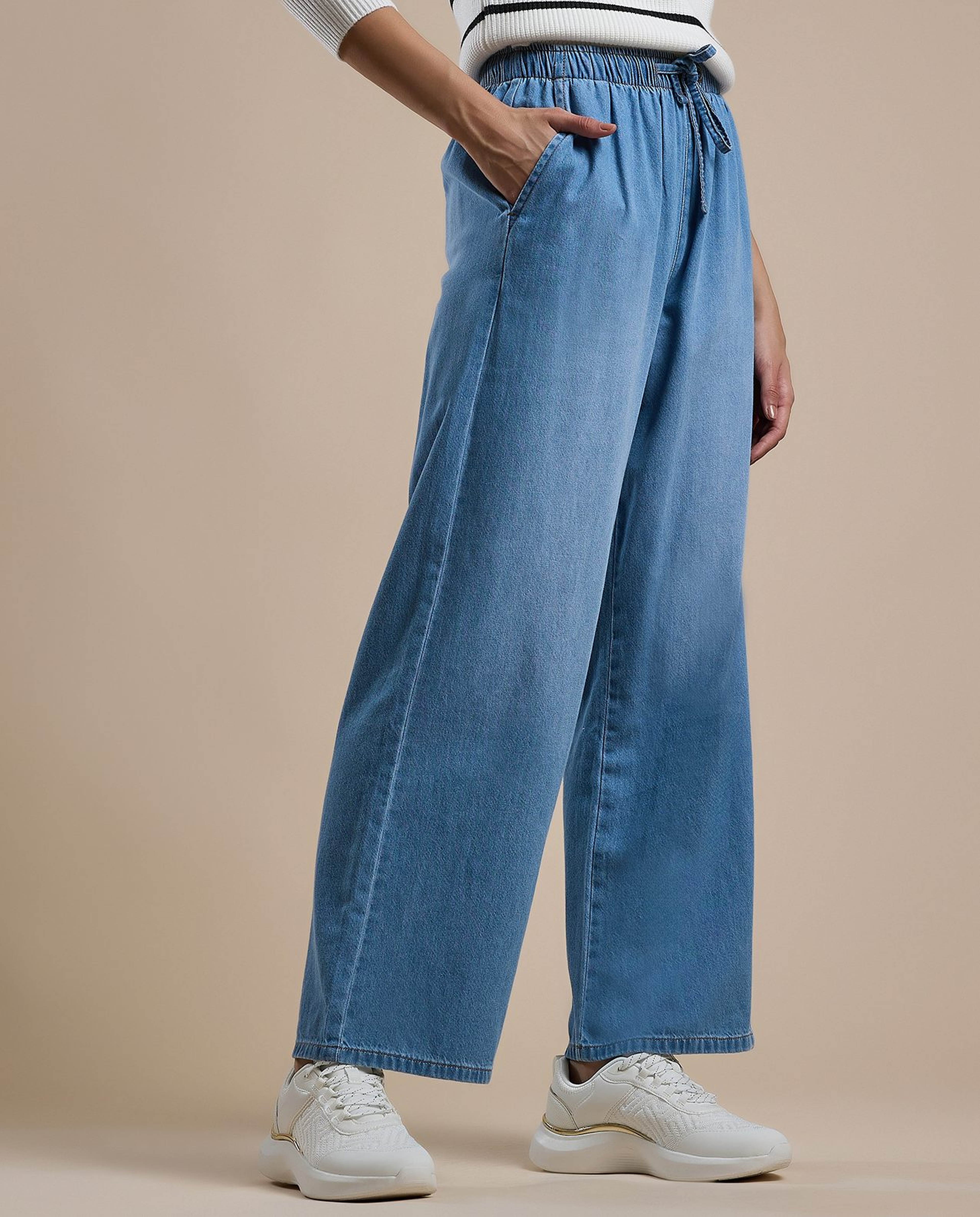Faded Wide Leg Jeans with Drawstring Waist