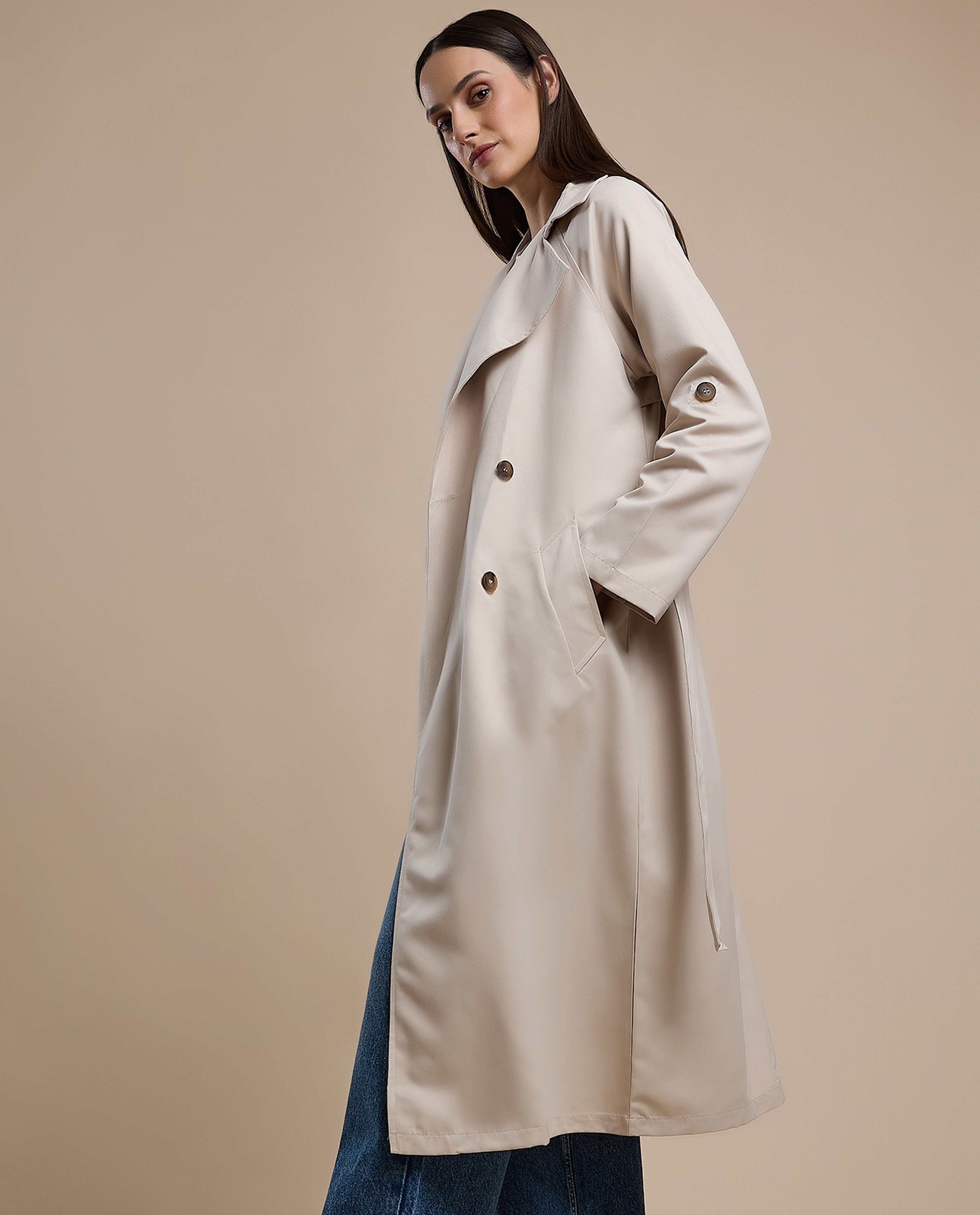 Solid Double Breasted Overcoat with Long Sleeves