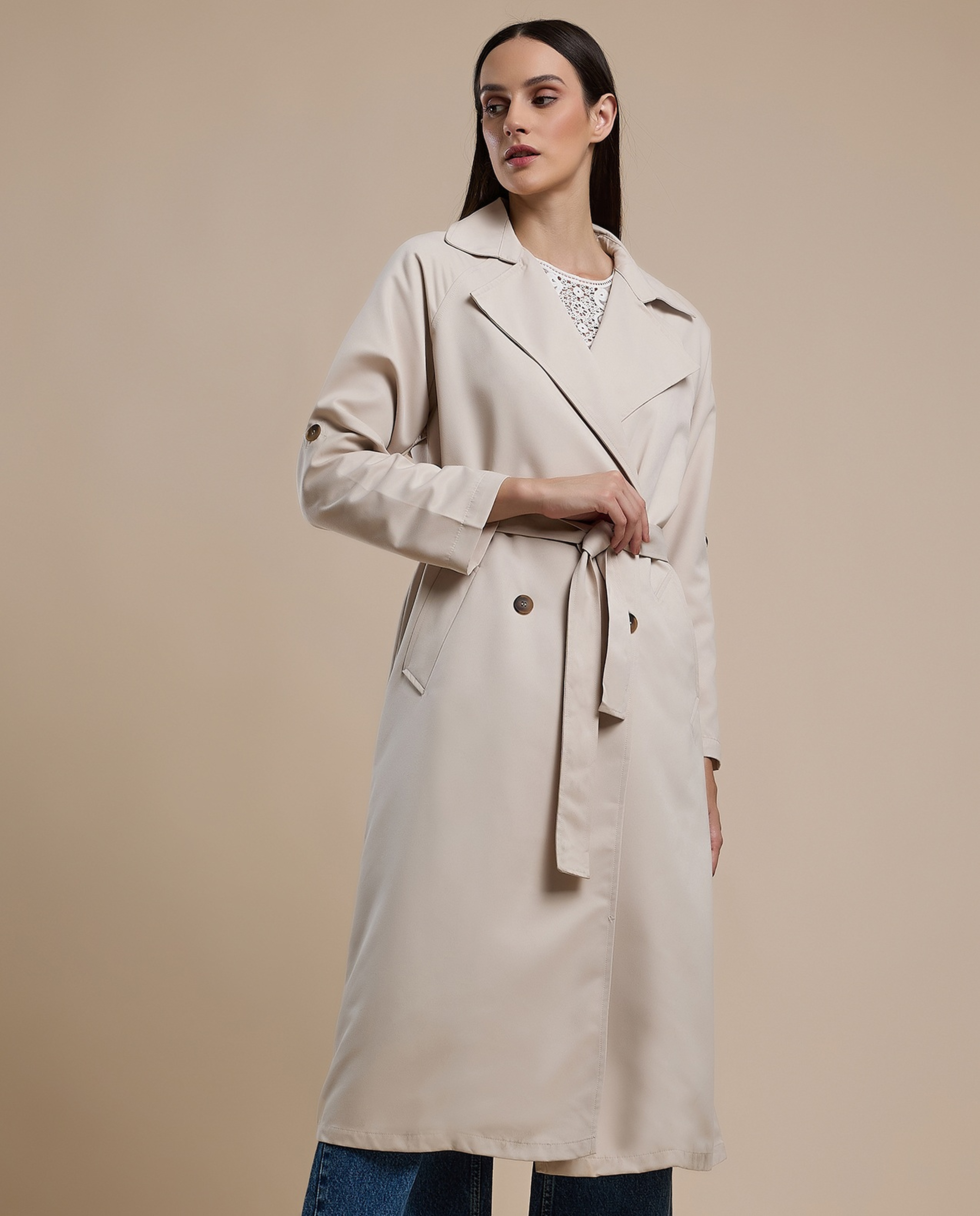 Solid Double Breasted Overcoat with Long Sleeves