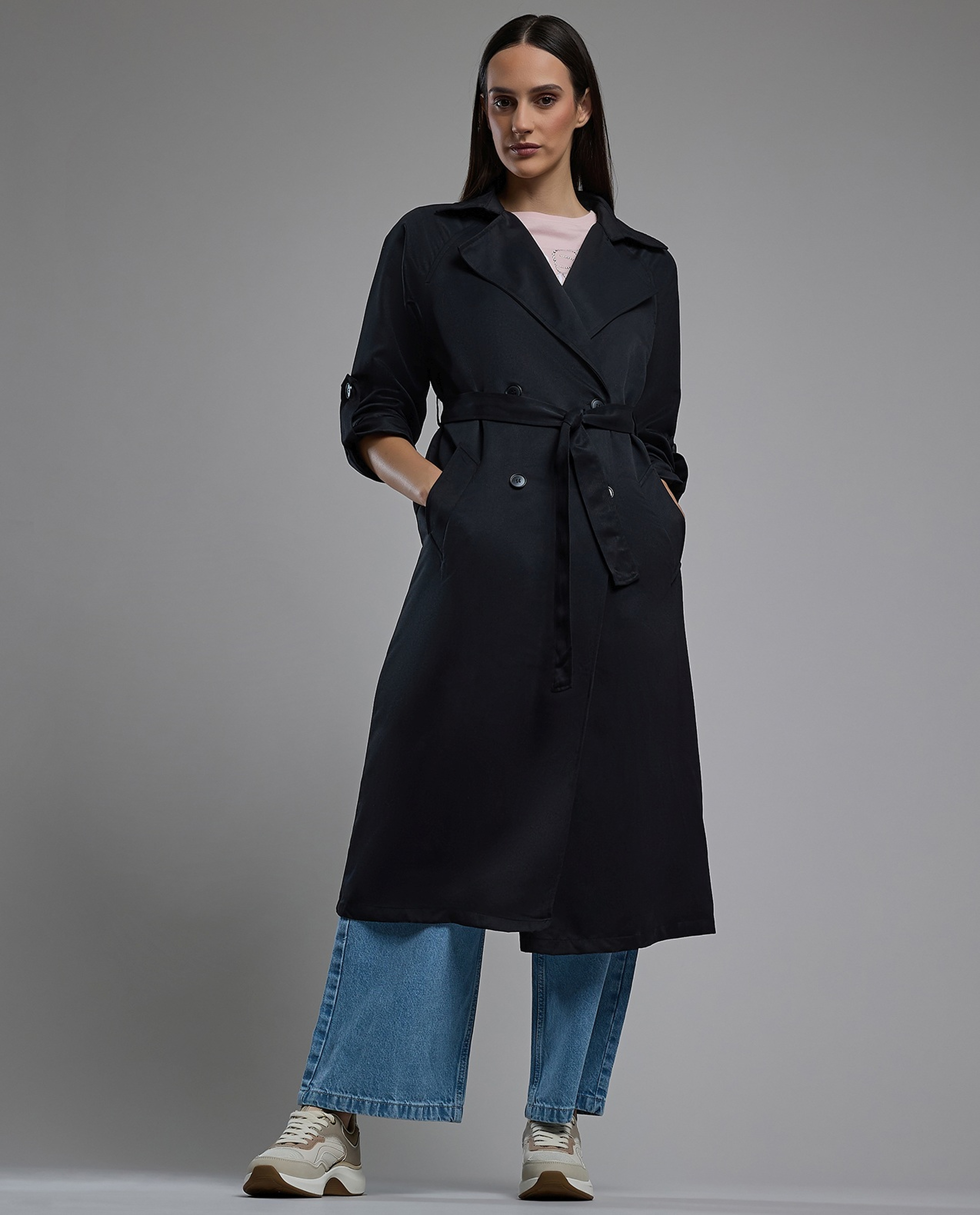 Solid Double Breasted Overcoat with Long Sleeves