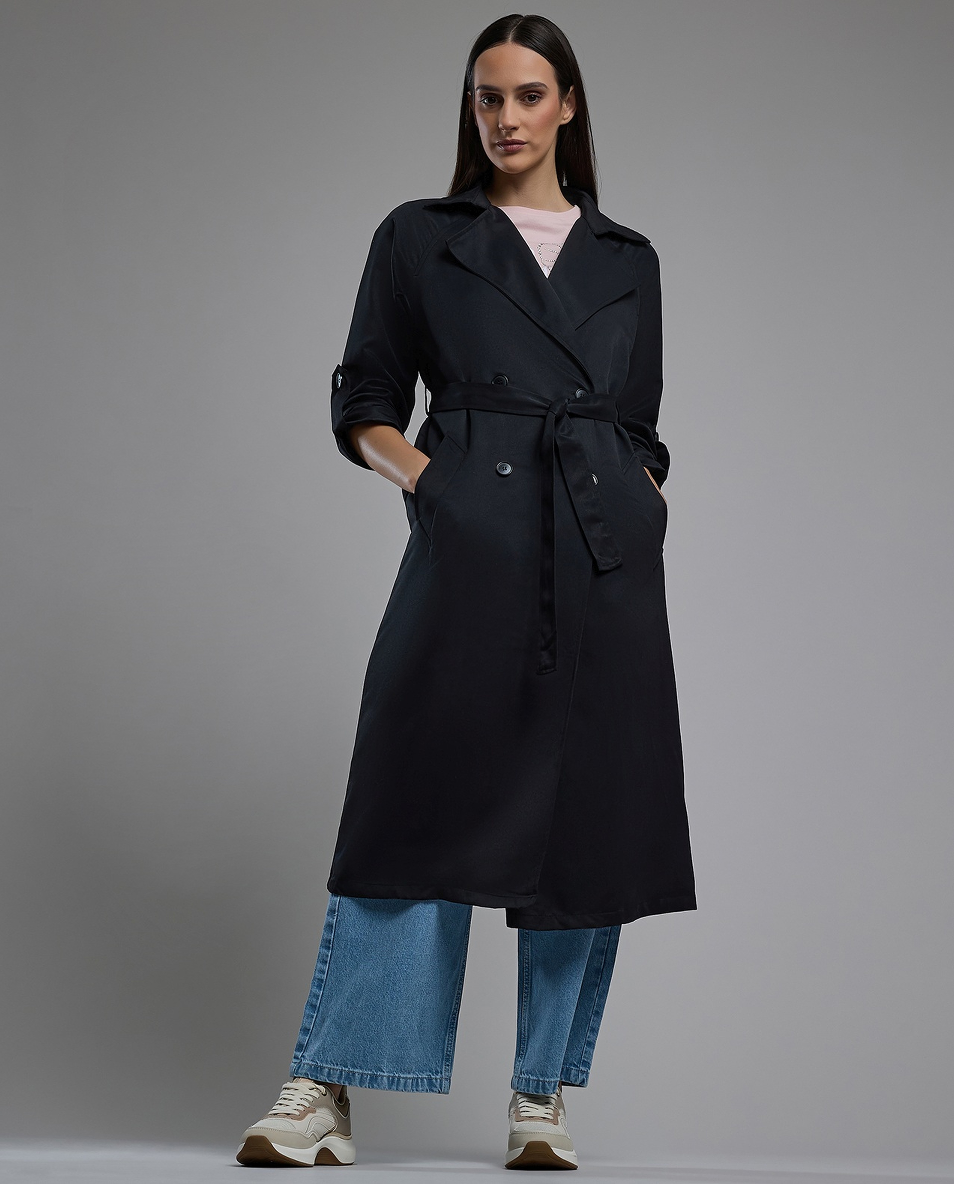 Solid Double Breasted Overcoat with Long Sleeves