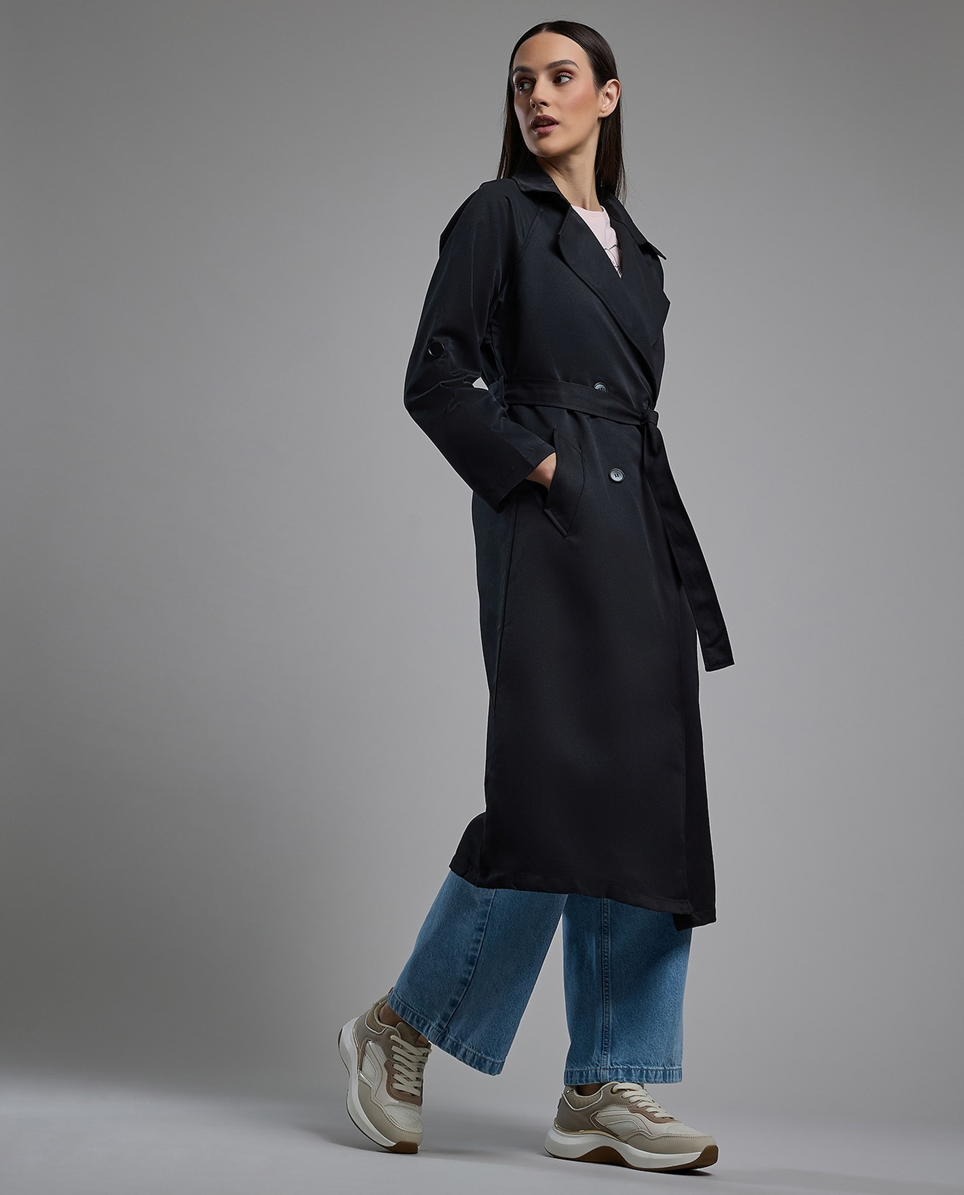 Solid Double Breasted Overcoat with Long Sleeves