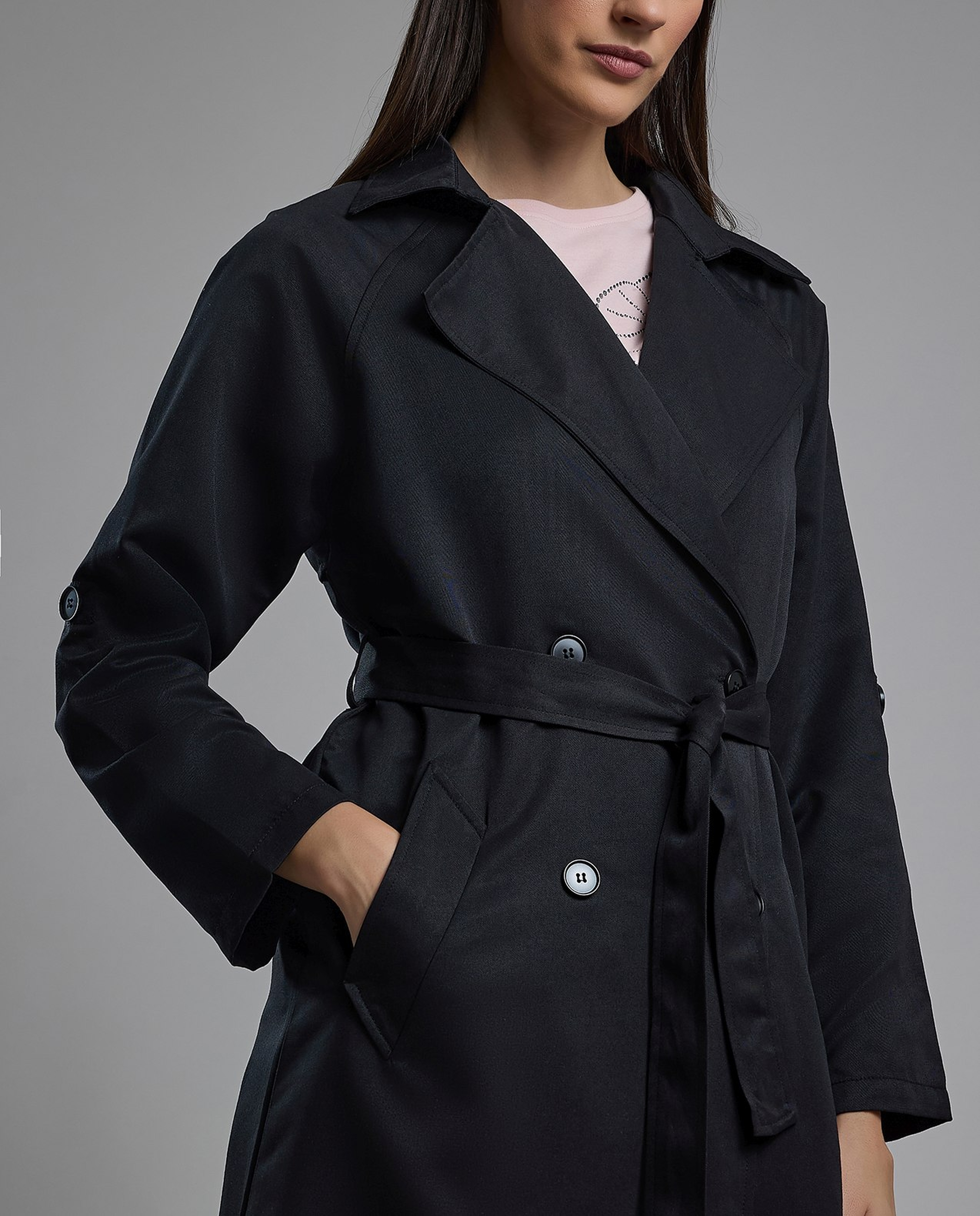 Solid Double Breasted Overcoat with Long Sleeves