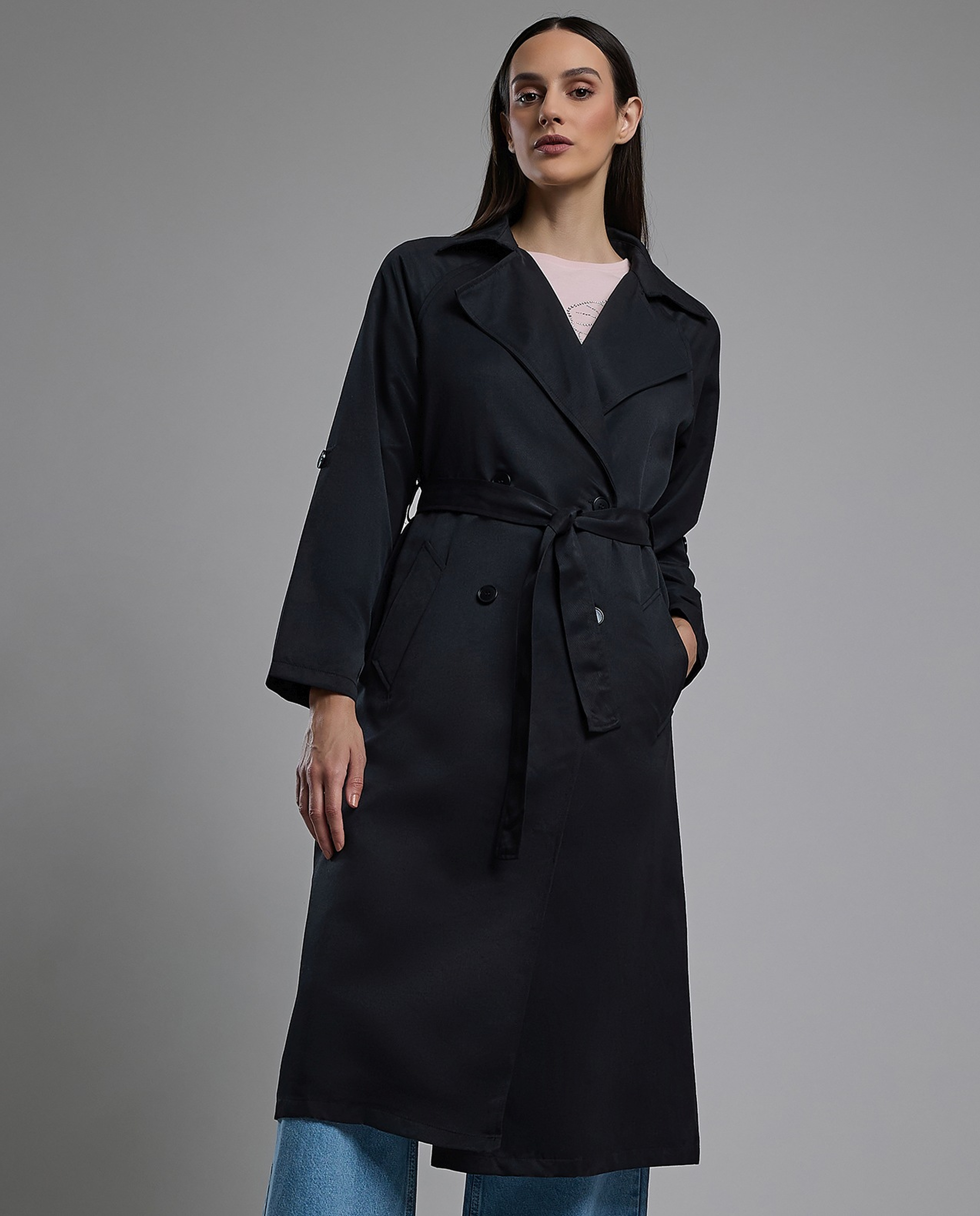 Solid Double Breasted Overcoat with Long Sleeves