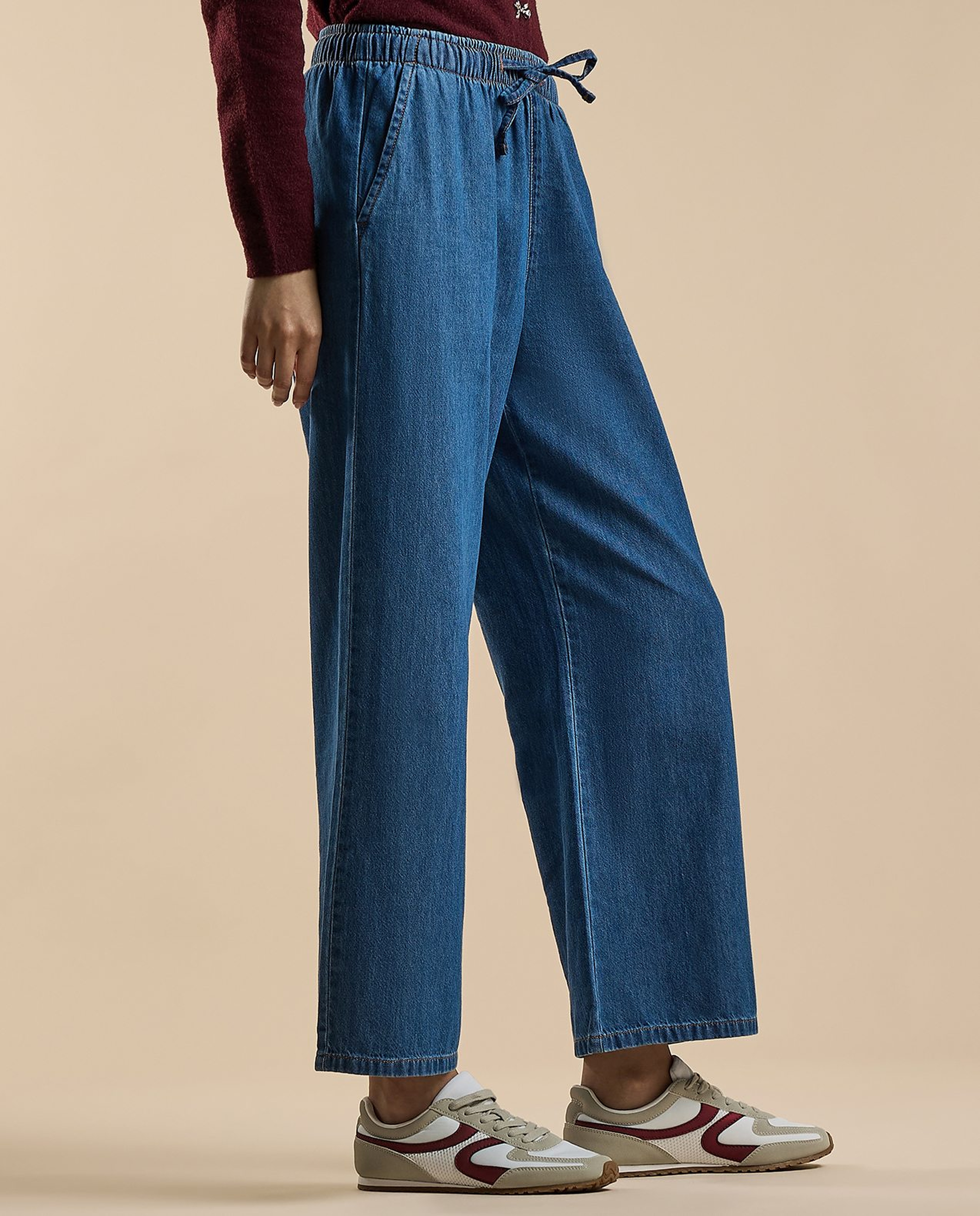 Faded Wide Leg Jeans with Drawstring Waist