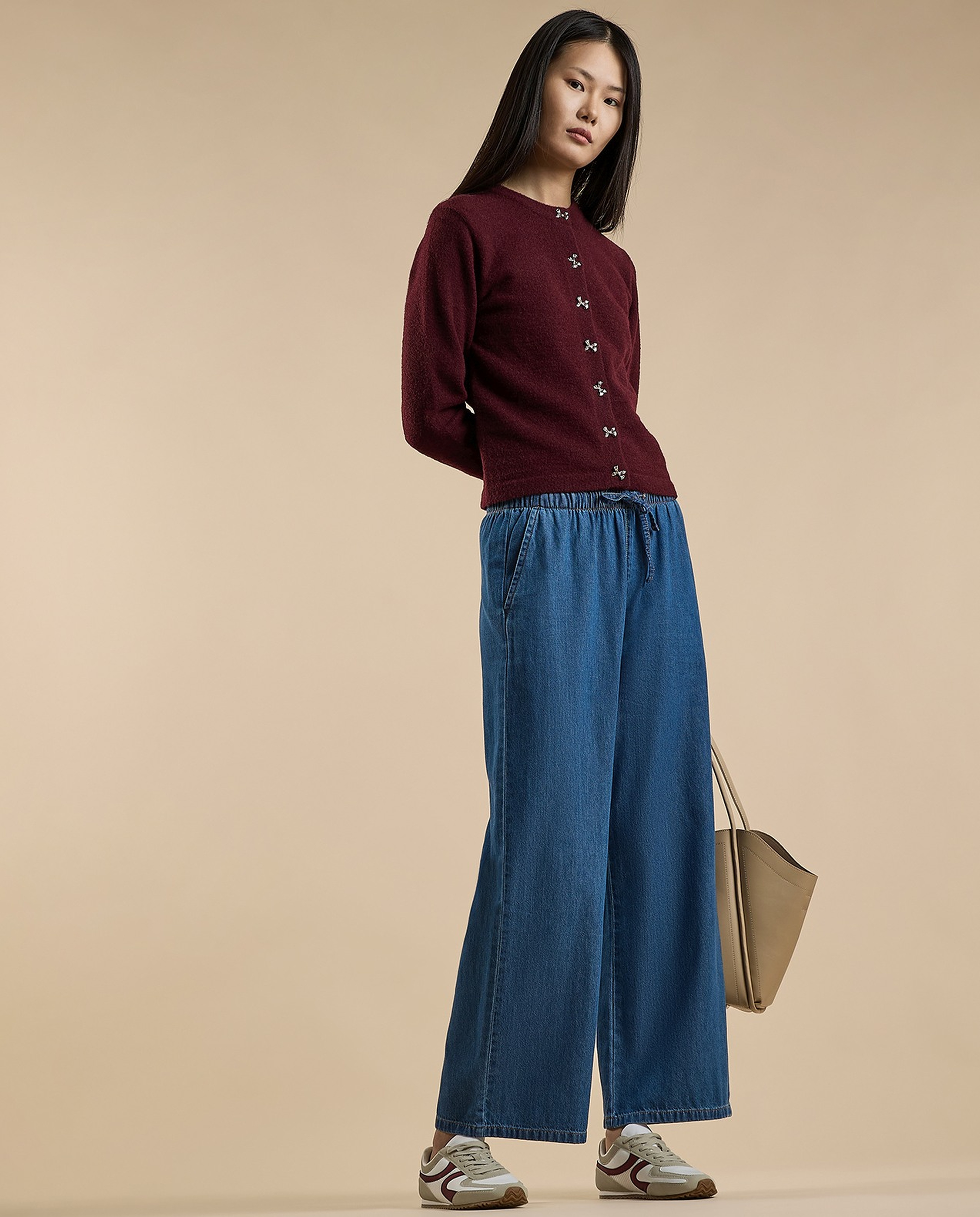 Faded Wide Leg Jeans with Drawstring Waist