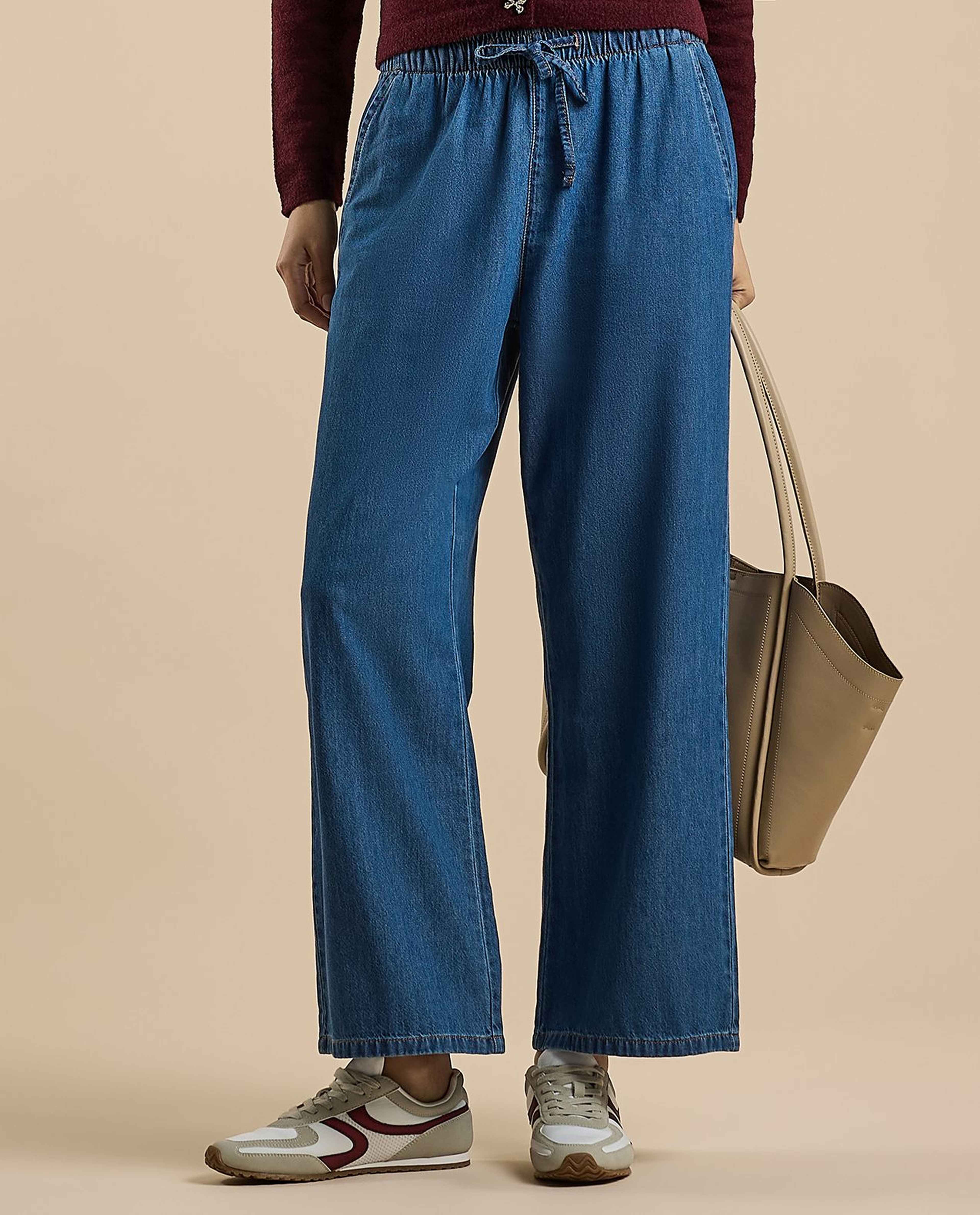 Faded Wide Leg Jeans with Drawstring Waist