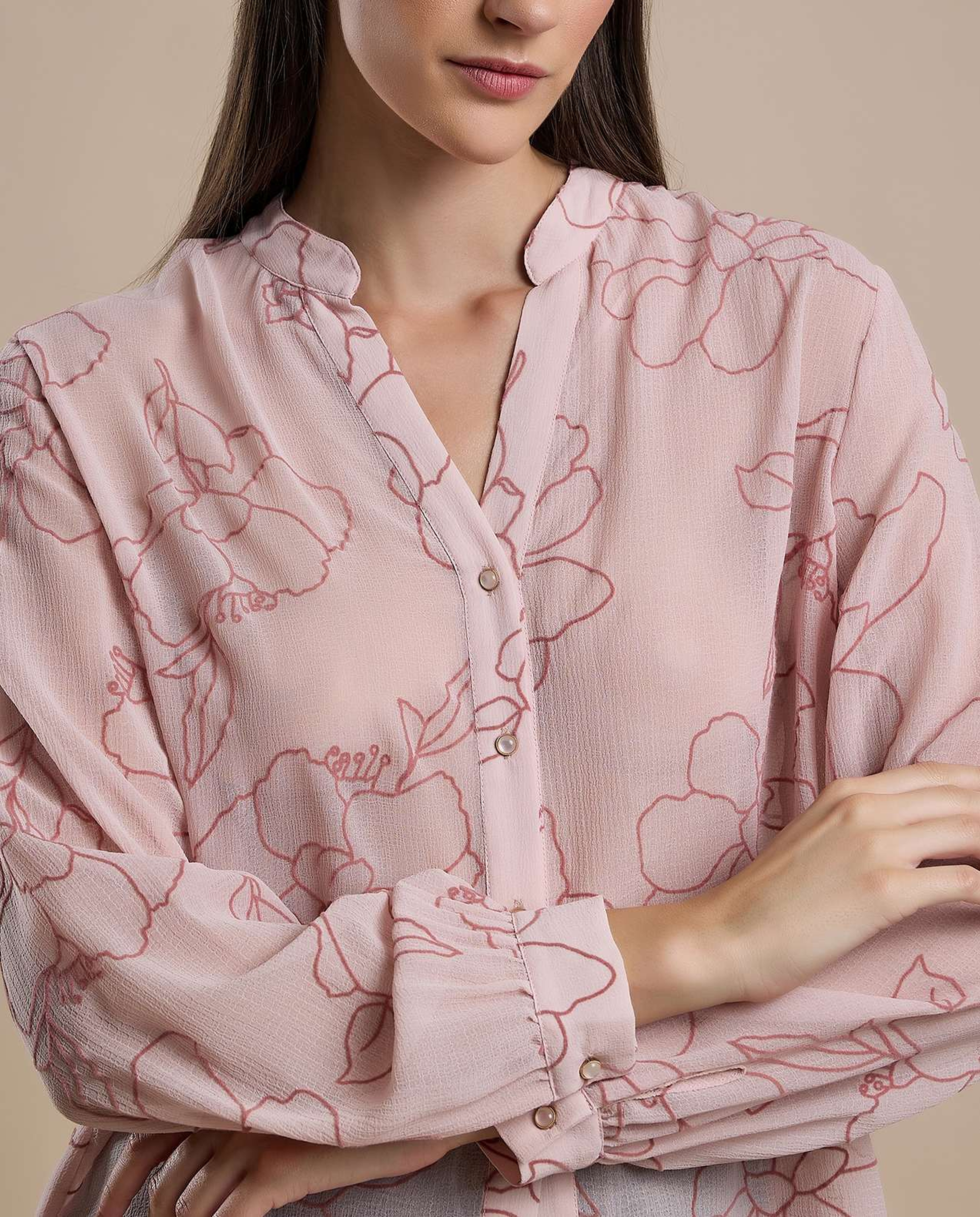 Printed Shirt with Stand Collar and Long Sleeves