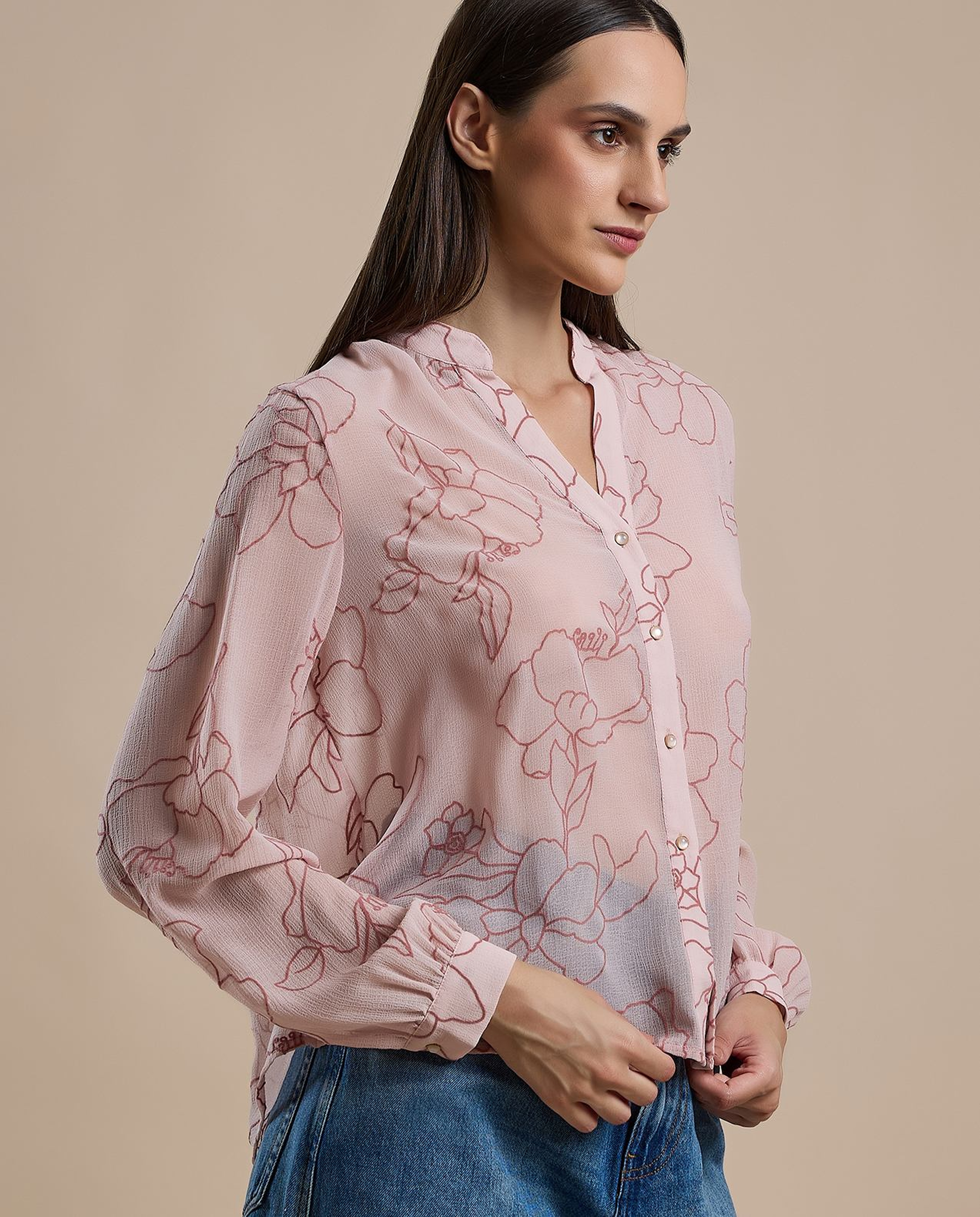 Printed Shirt with Stand Collar and Long Sleeves