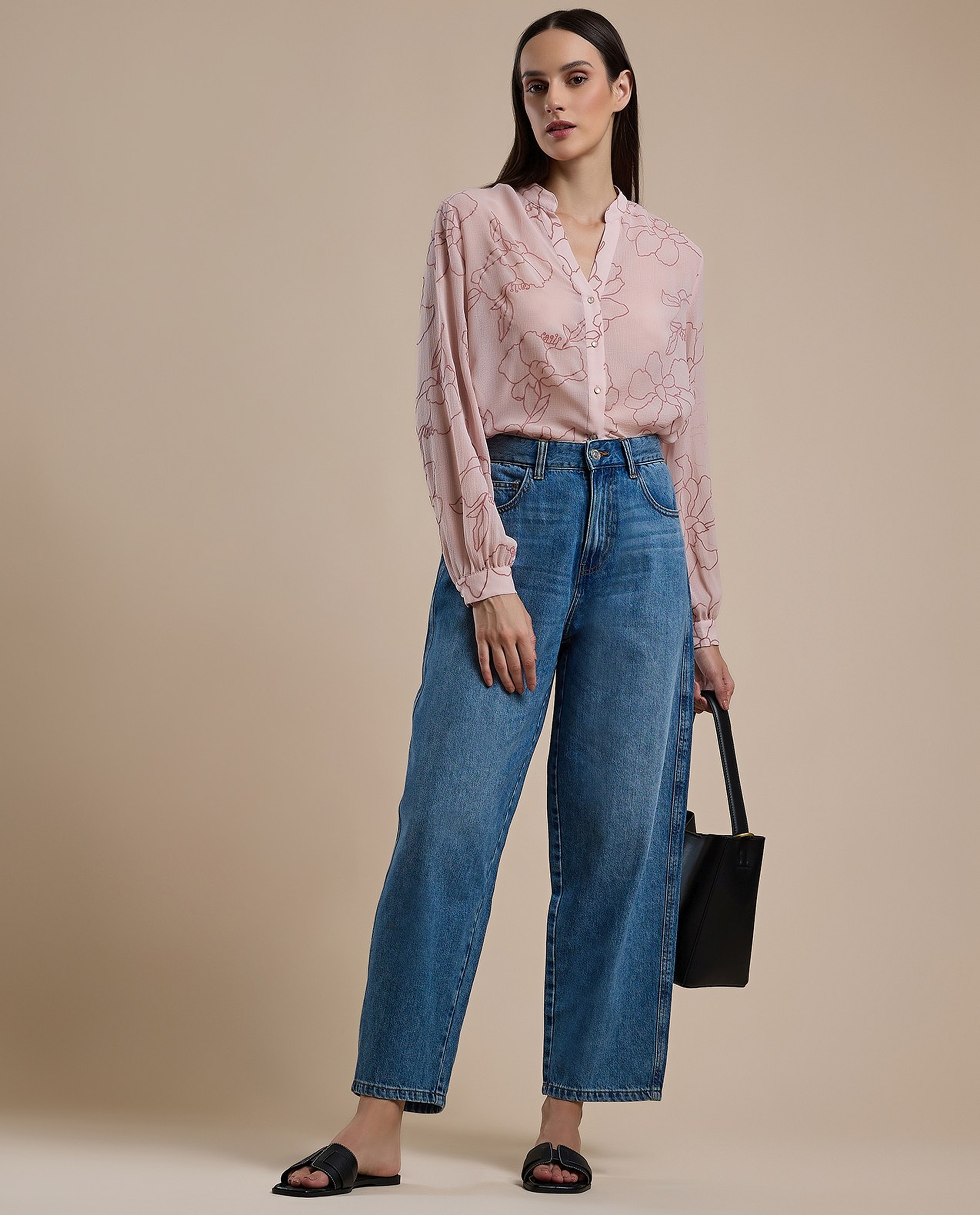 Printed Shirt with Stand Collar and Long Sleeves