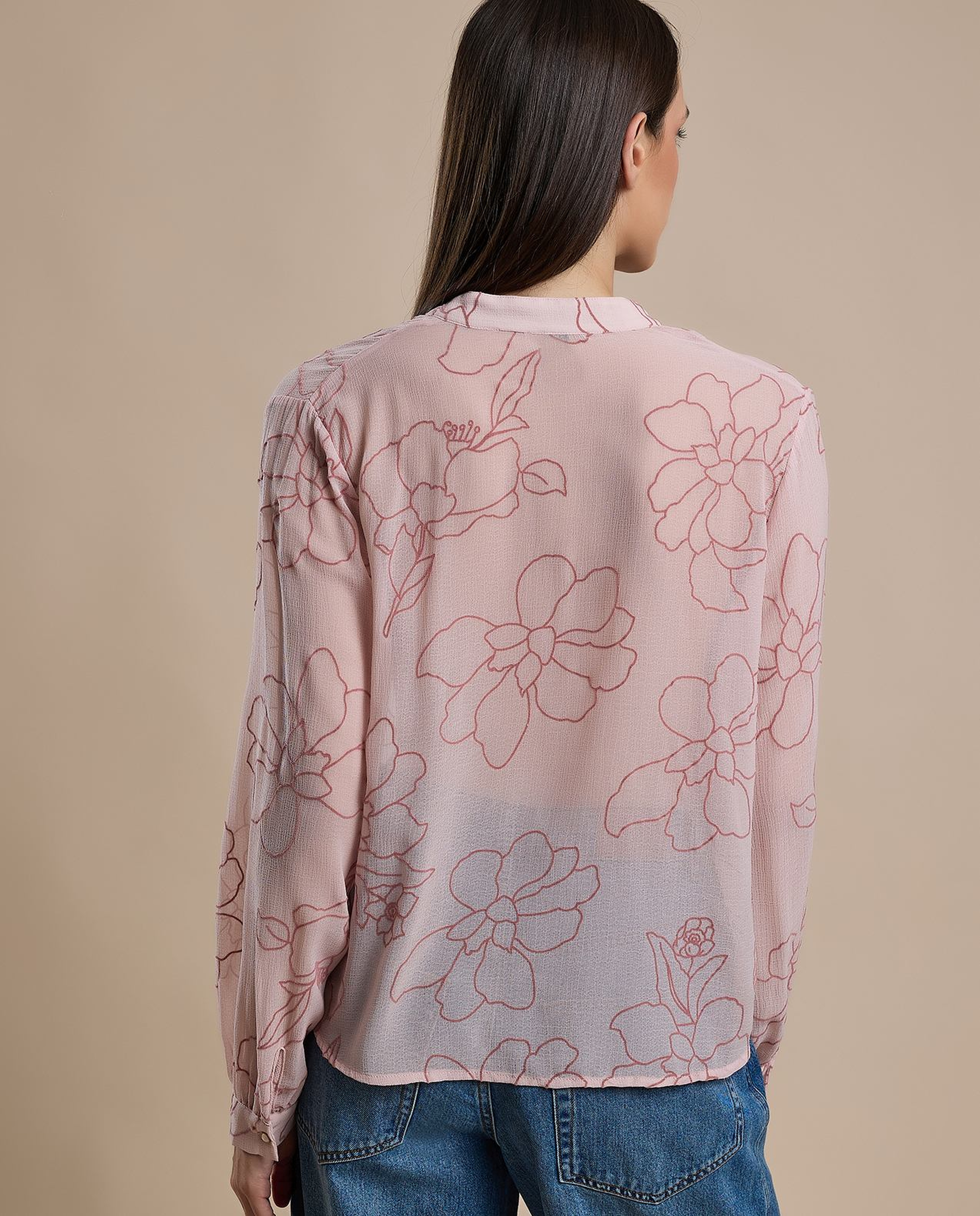 Printed Shirt with Stand Collar and Long Sleeves