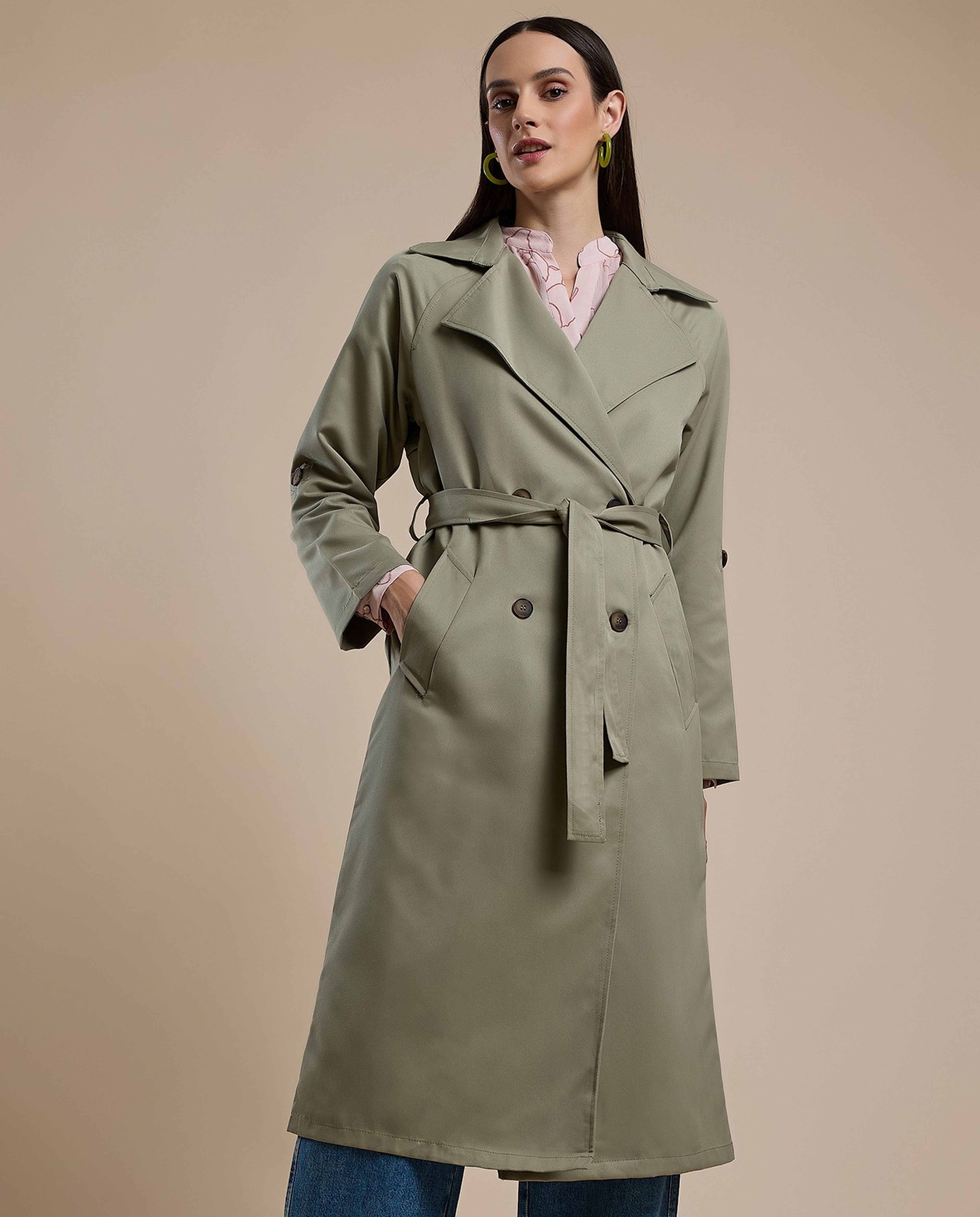 Solid Double Breasted Overcoat with Long Sleeves