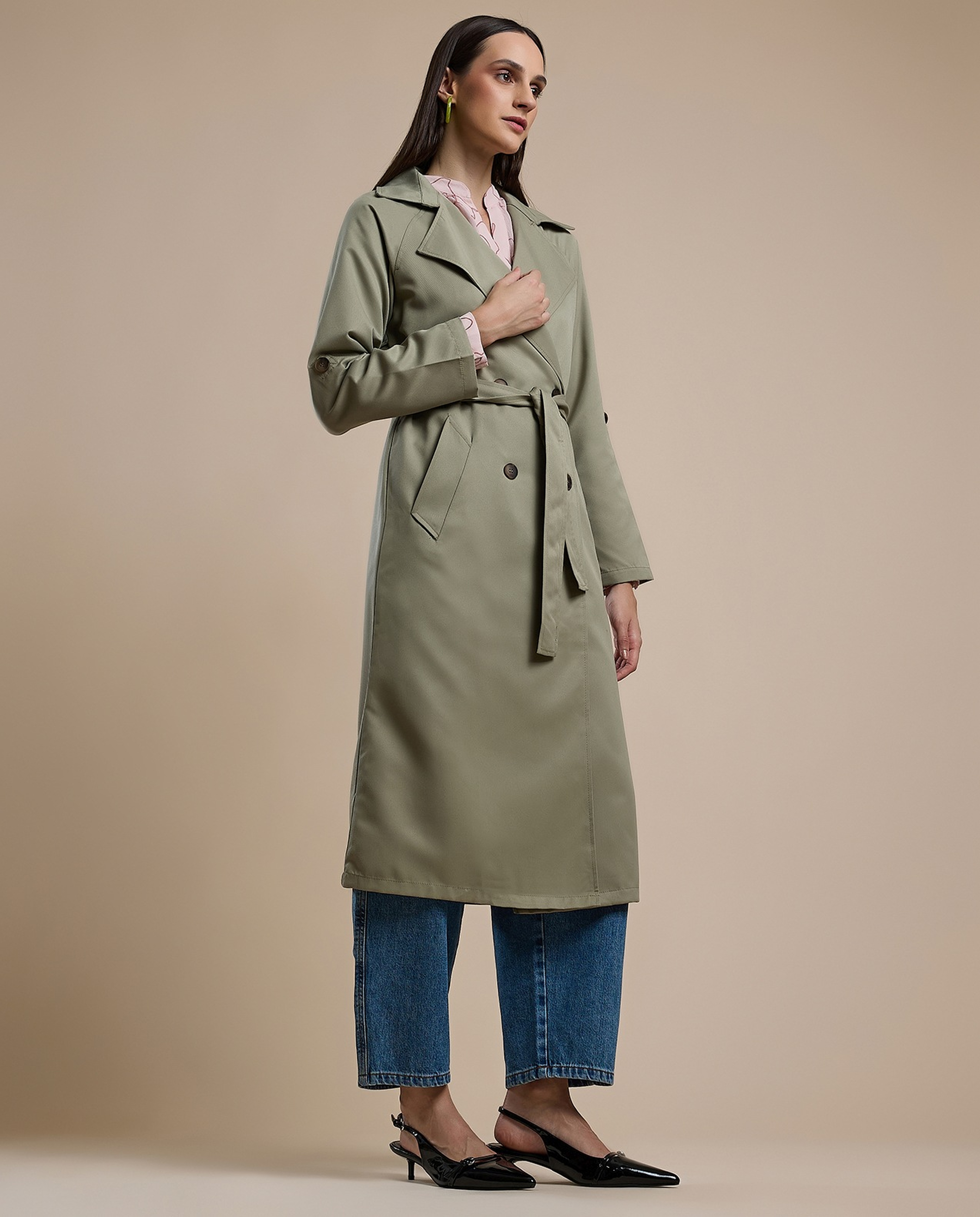 Solid Double Breasted Overcoat with Long Sleeves