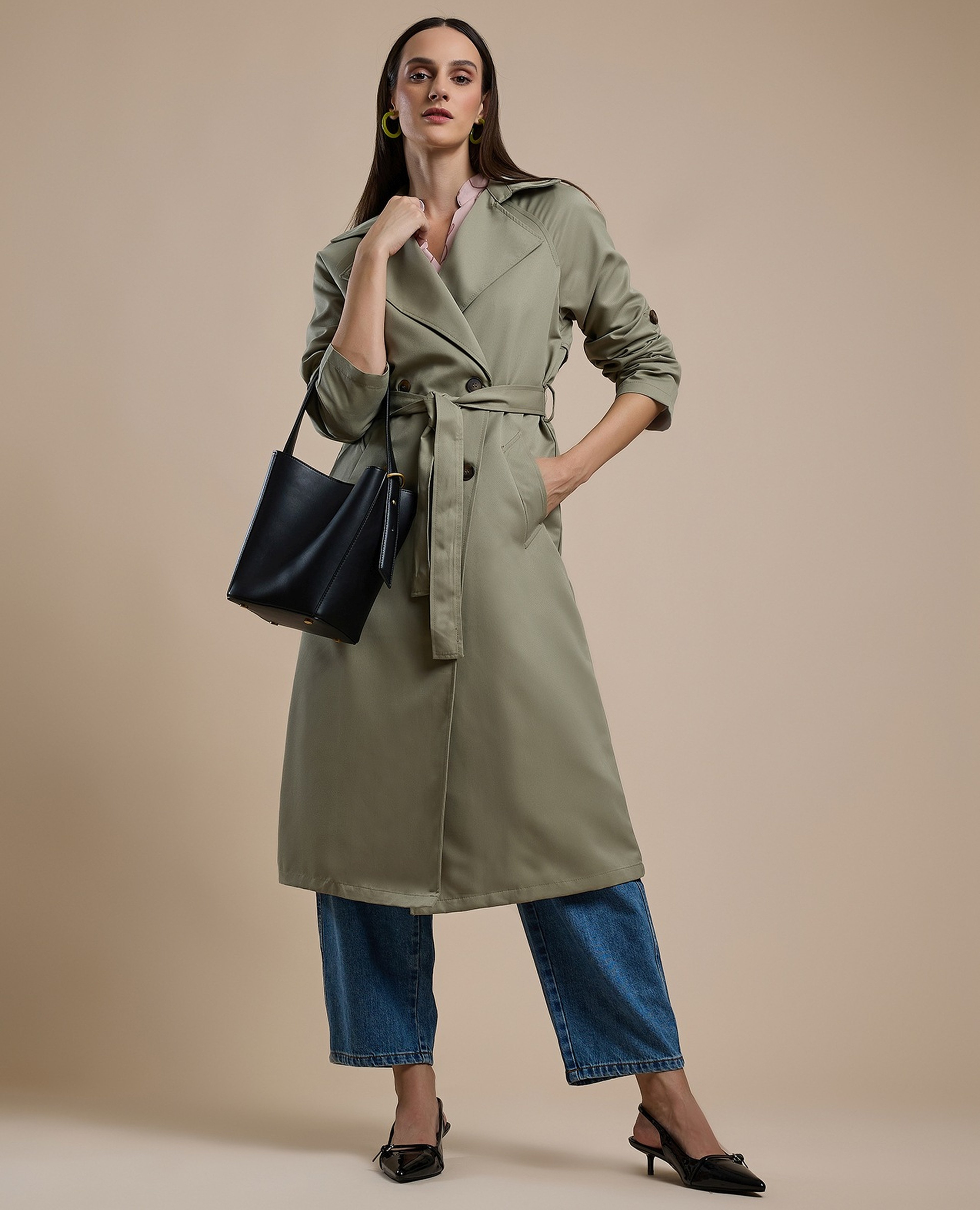 Solid Double Breasted Overcoat with Long Sleeves