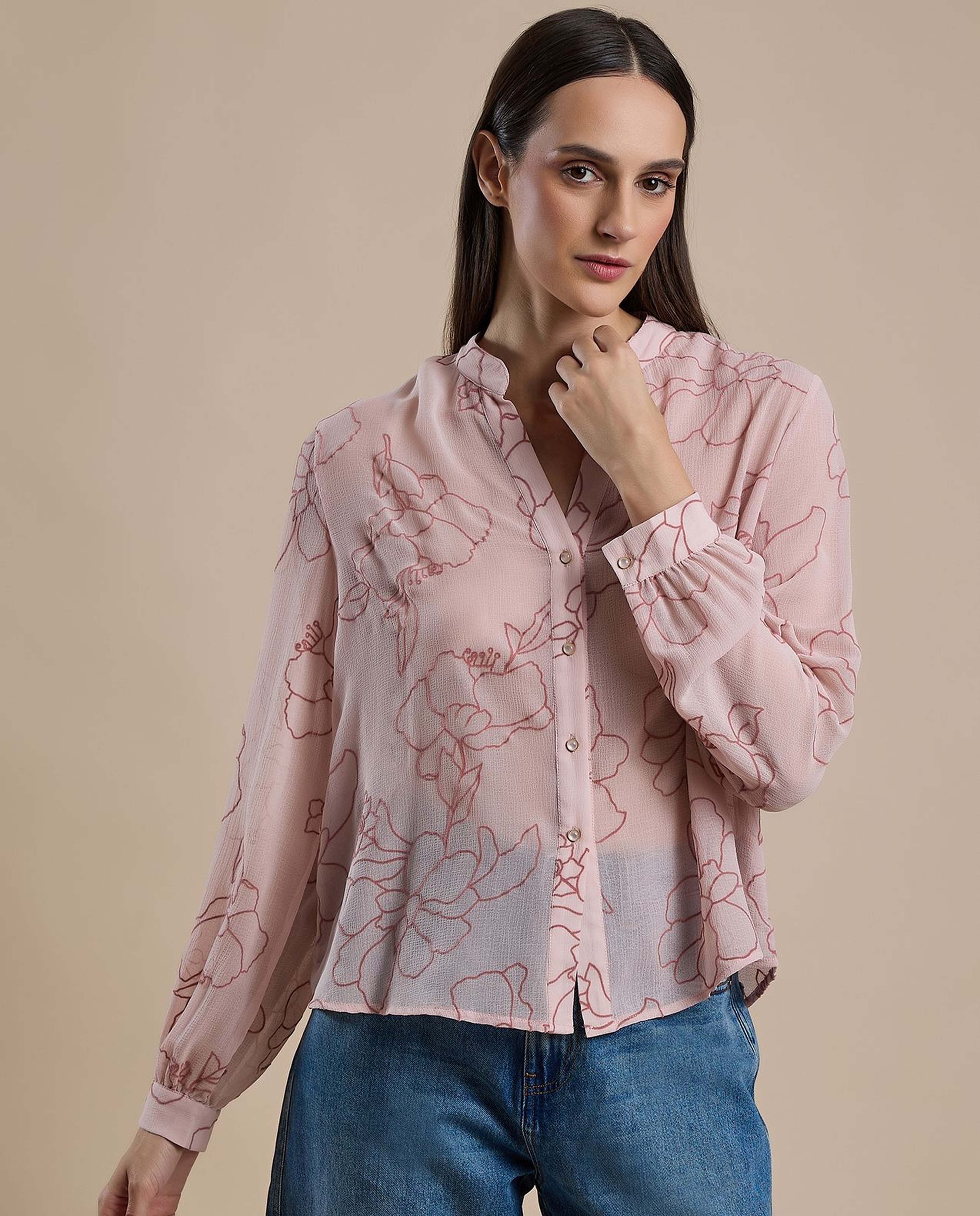 Printed Shirt with Stand Collar and Long Sleeves