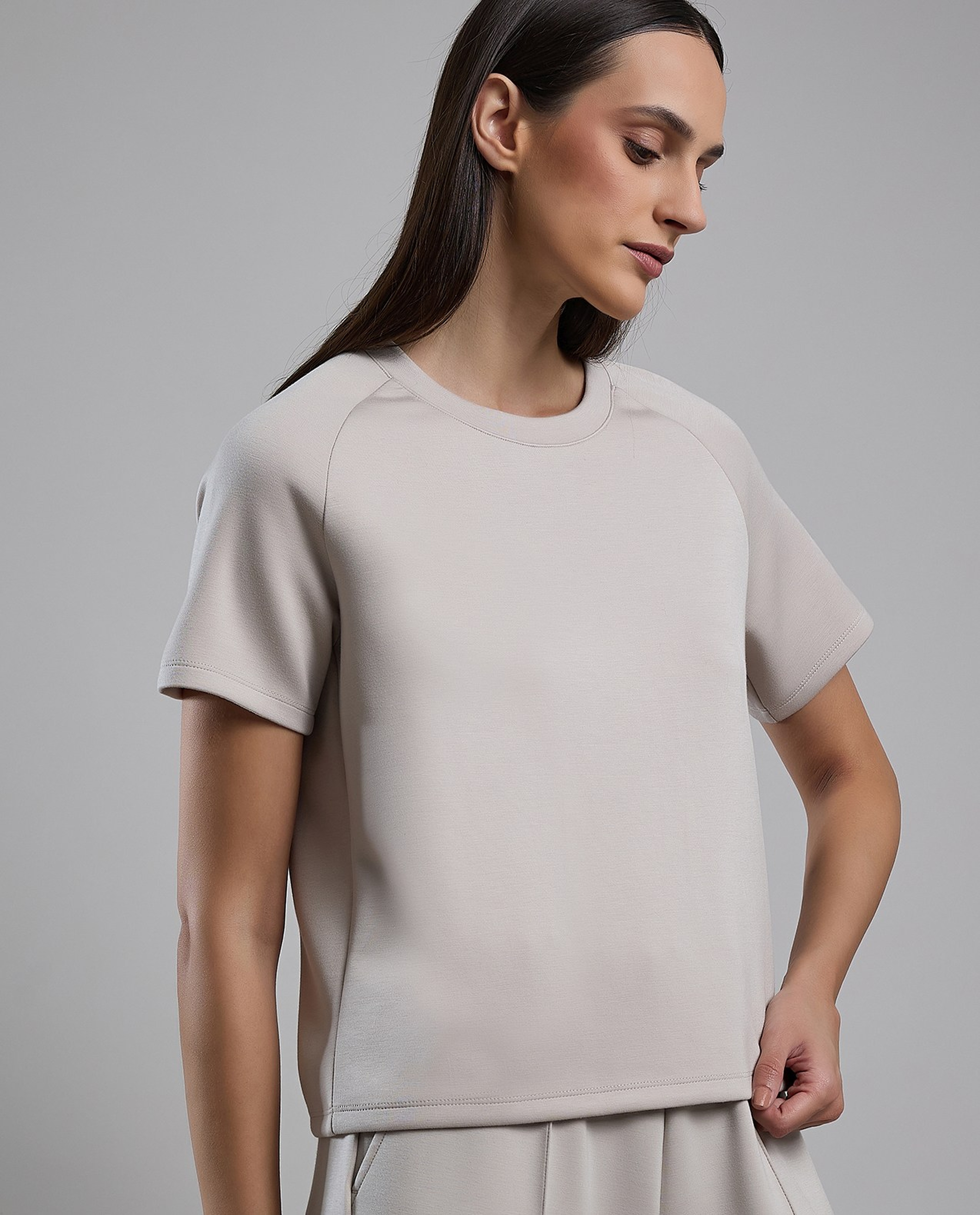 Solid T-Shirt with Crew Neck and Raglan Sleeves