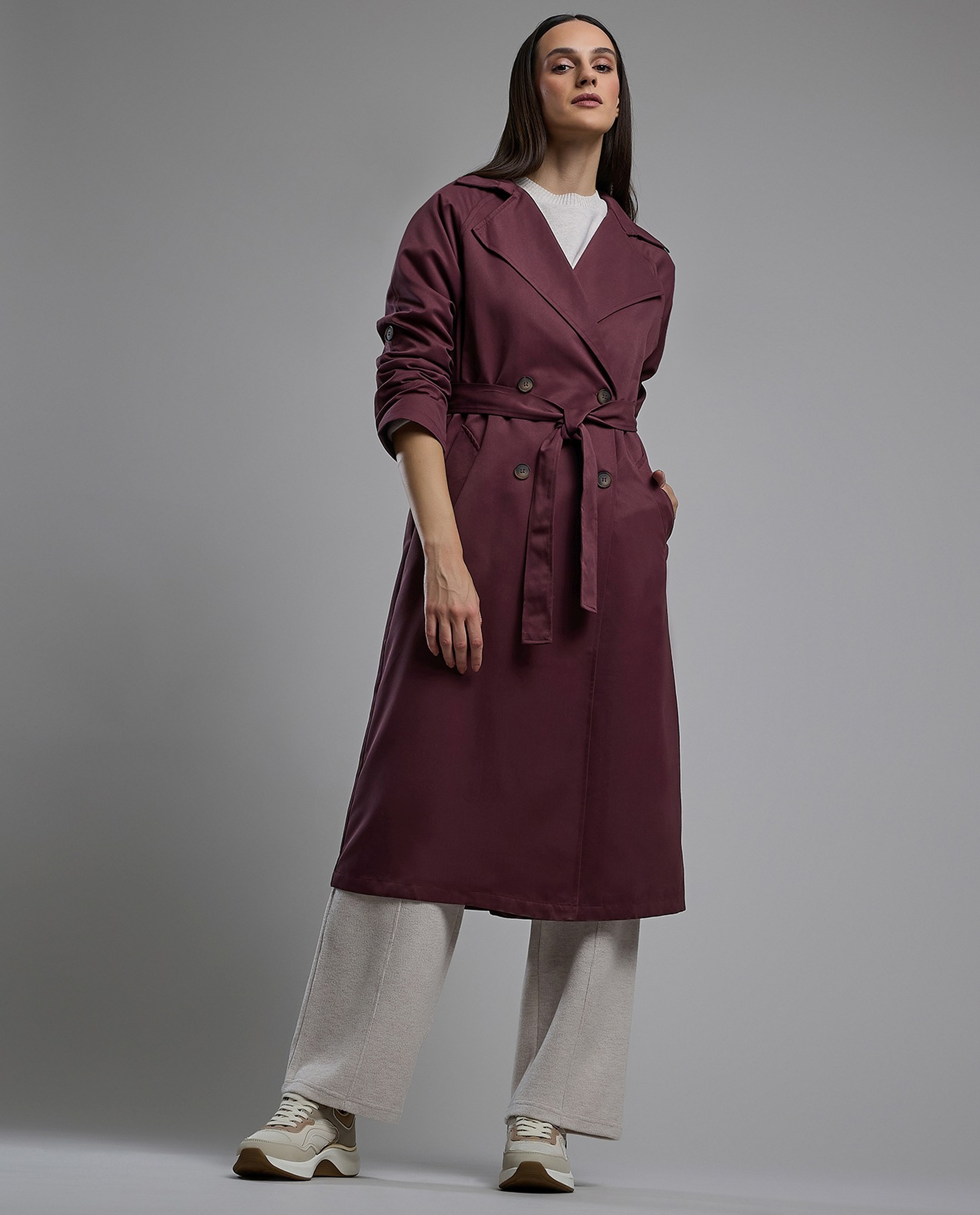 Solid Double Breasted Overcoat with Long Sleeves