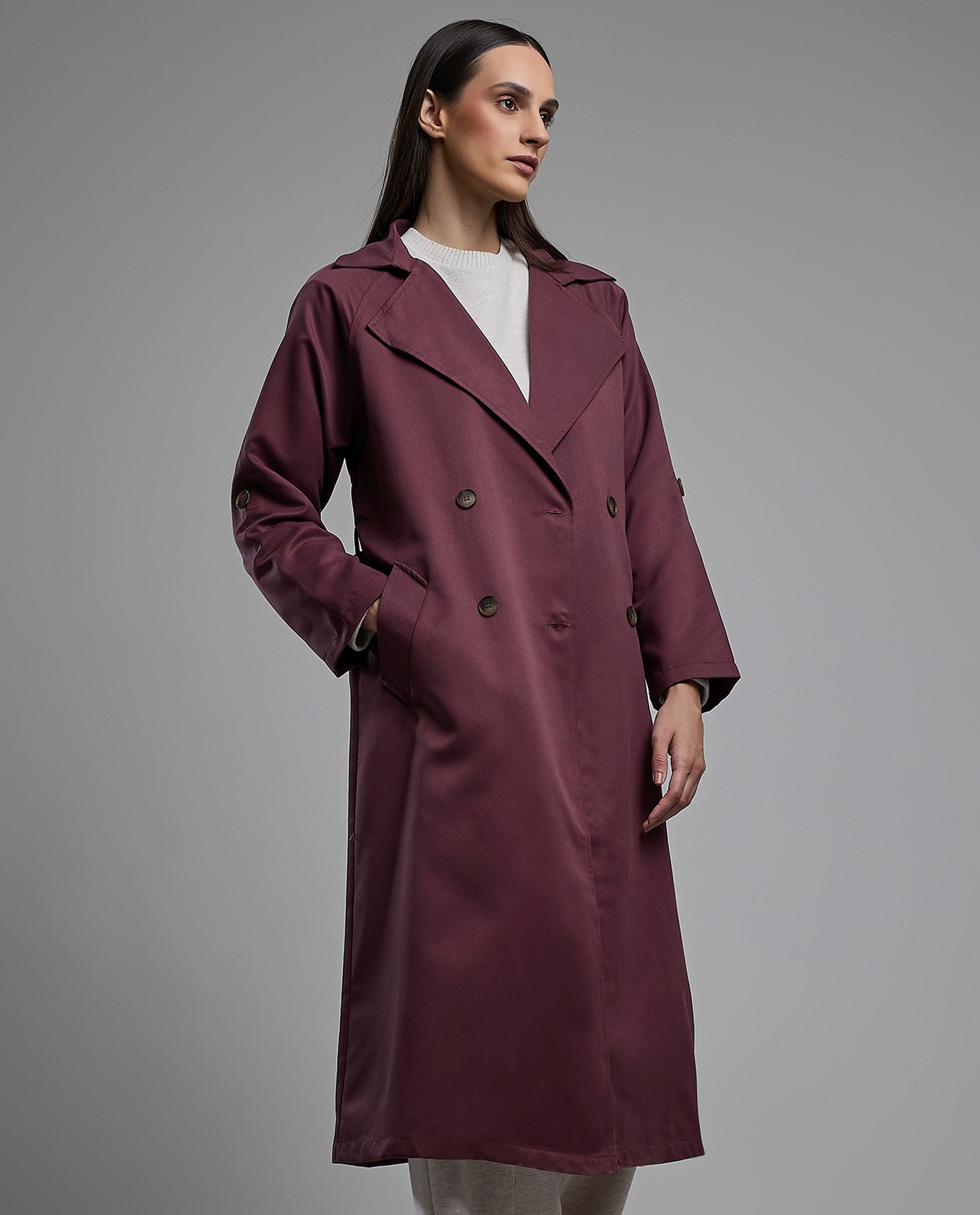 Solid Double Breasted Overcoat with Long Sleeves