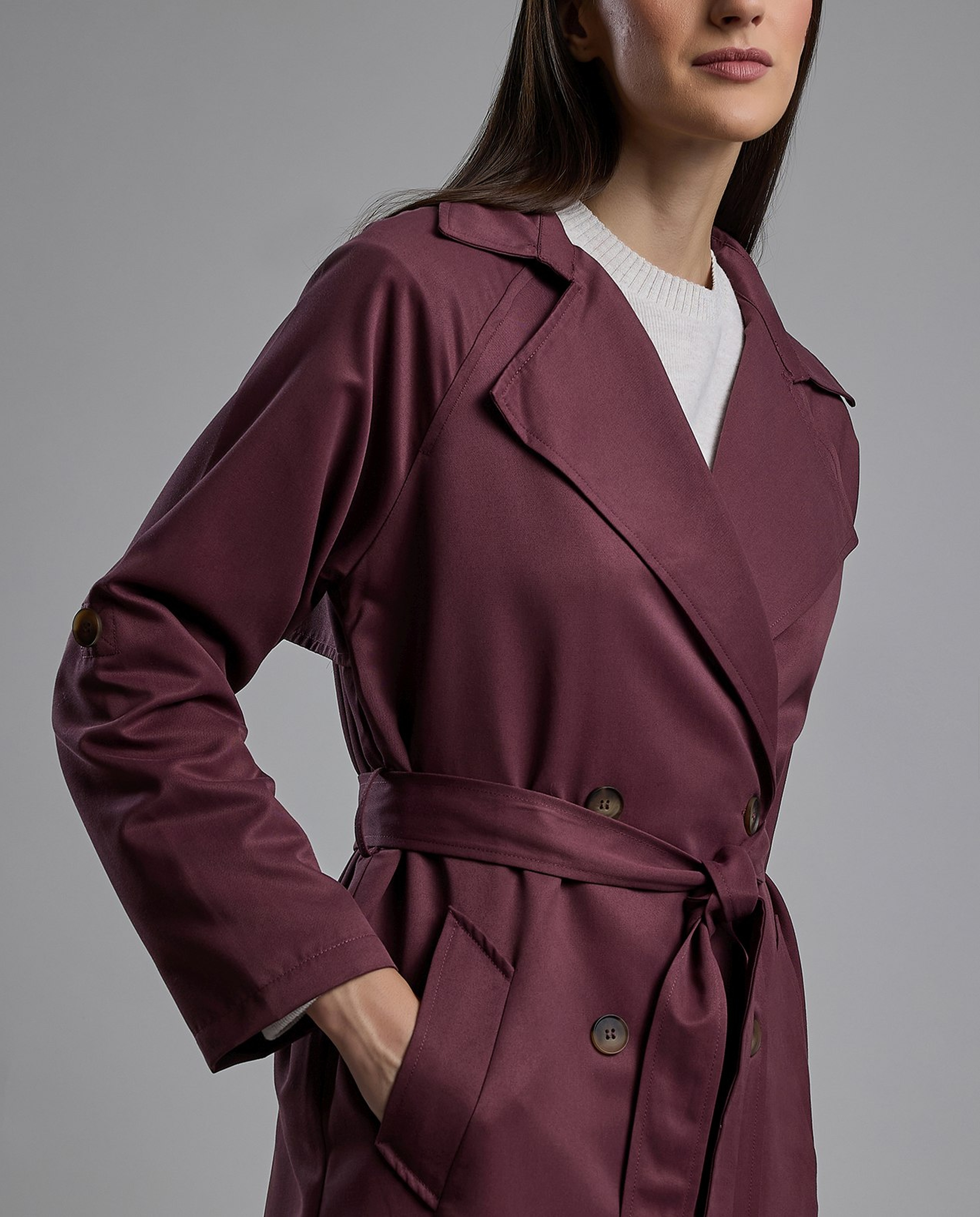 Solid Double Breasted Overcoat with Long Sleeves