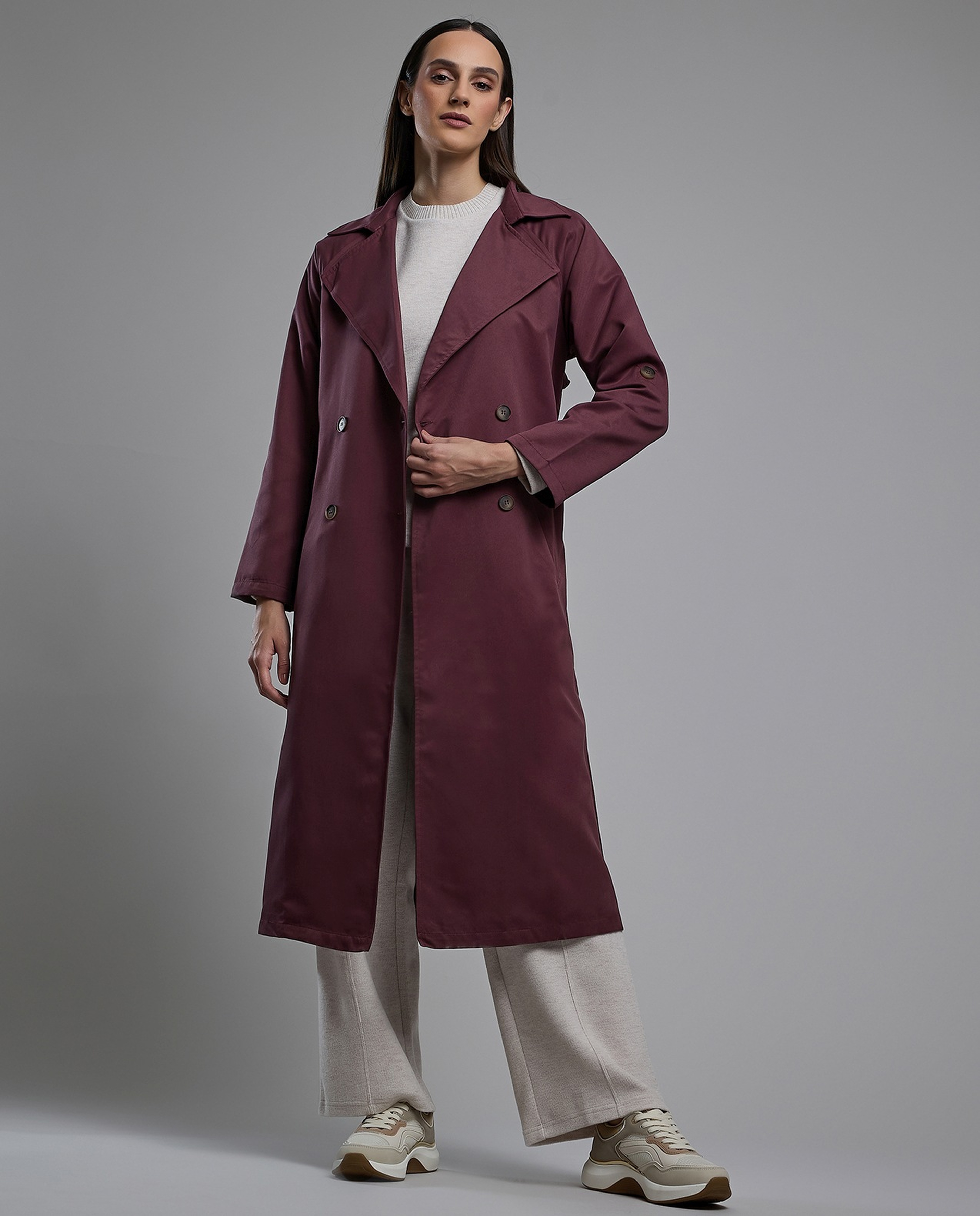 Solid Double Breasted Overcoat with Long Sleeves