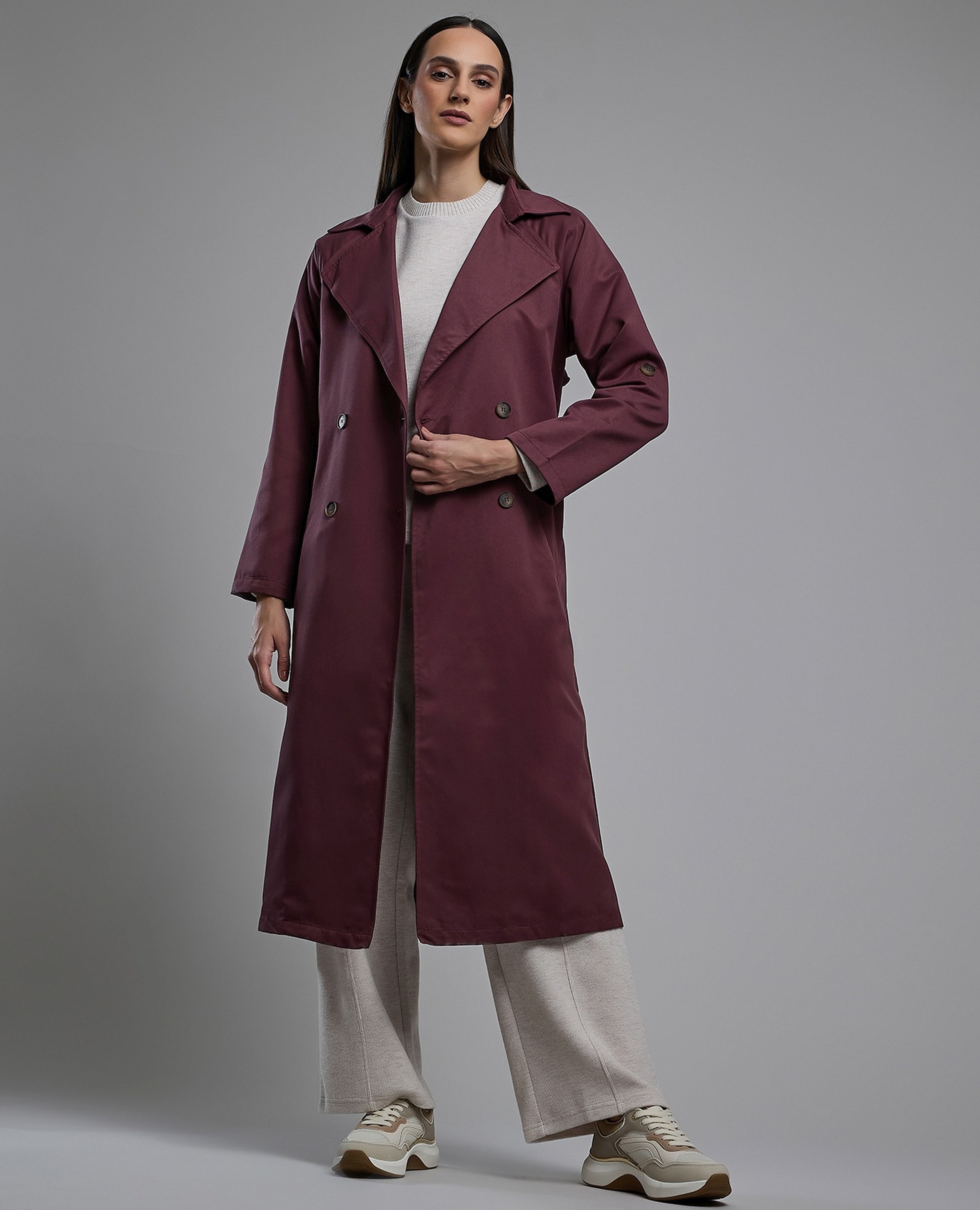 Solid Double Breasted Overcoat with Long Sleeves
