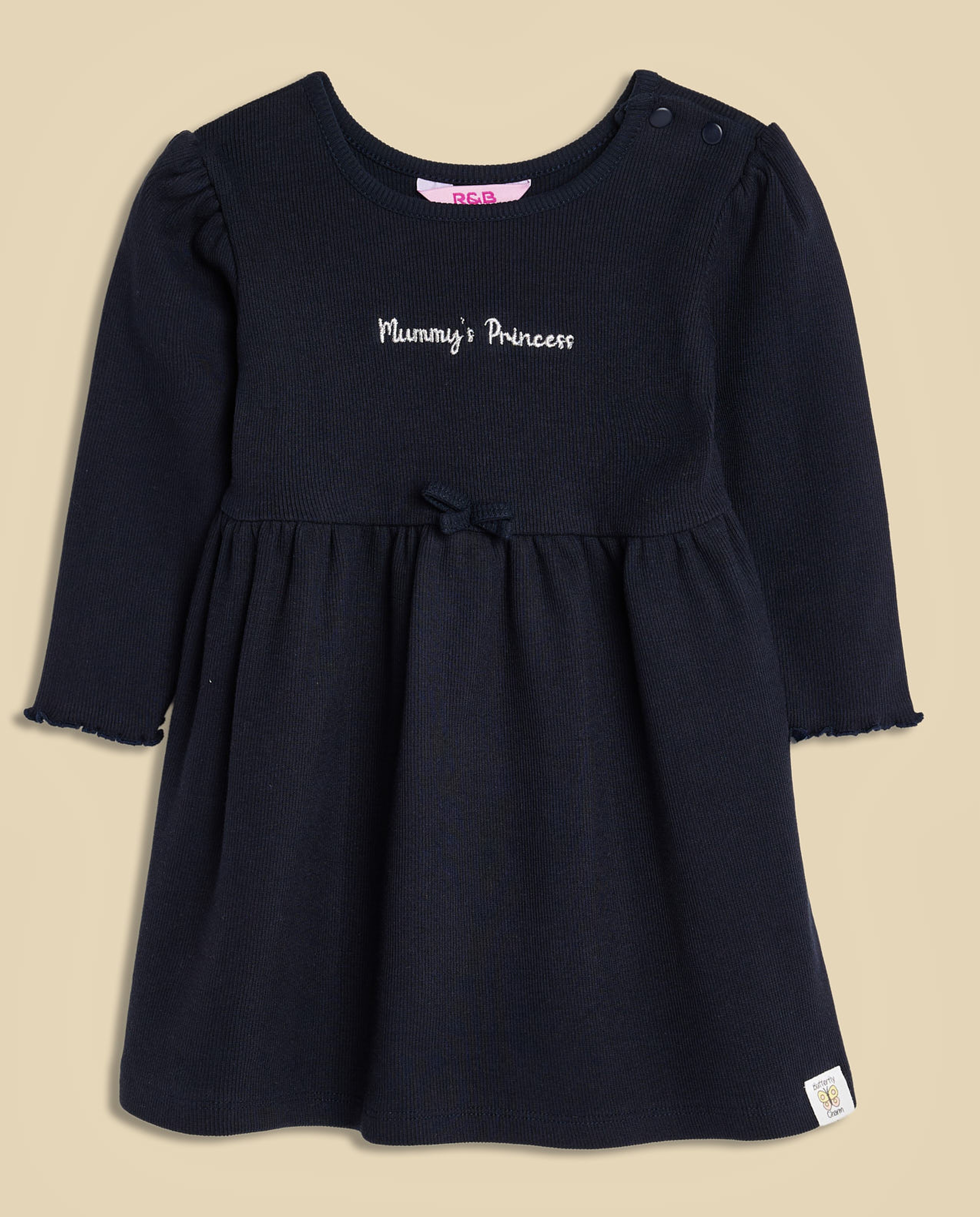 Embroidery Detail Dress with Crew Neck and Long Sleeves
