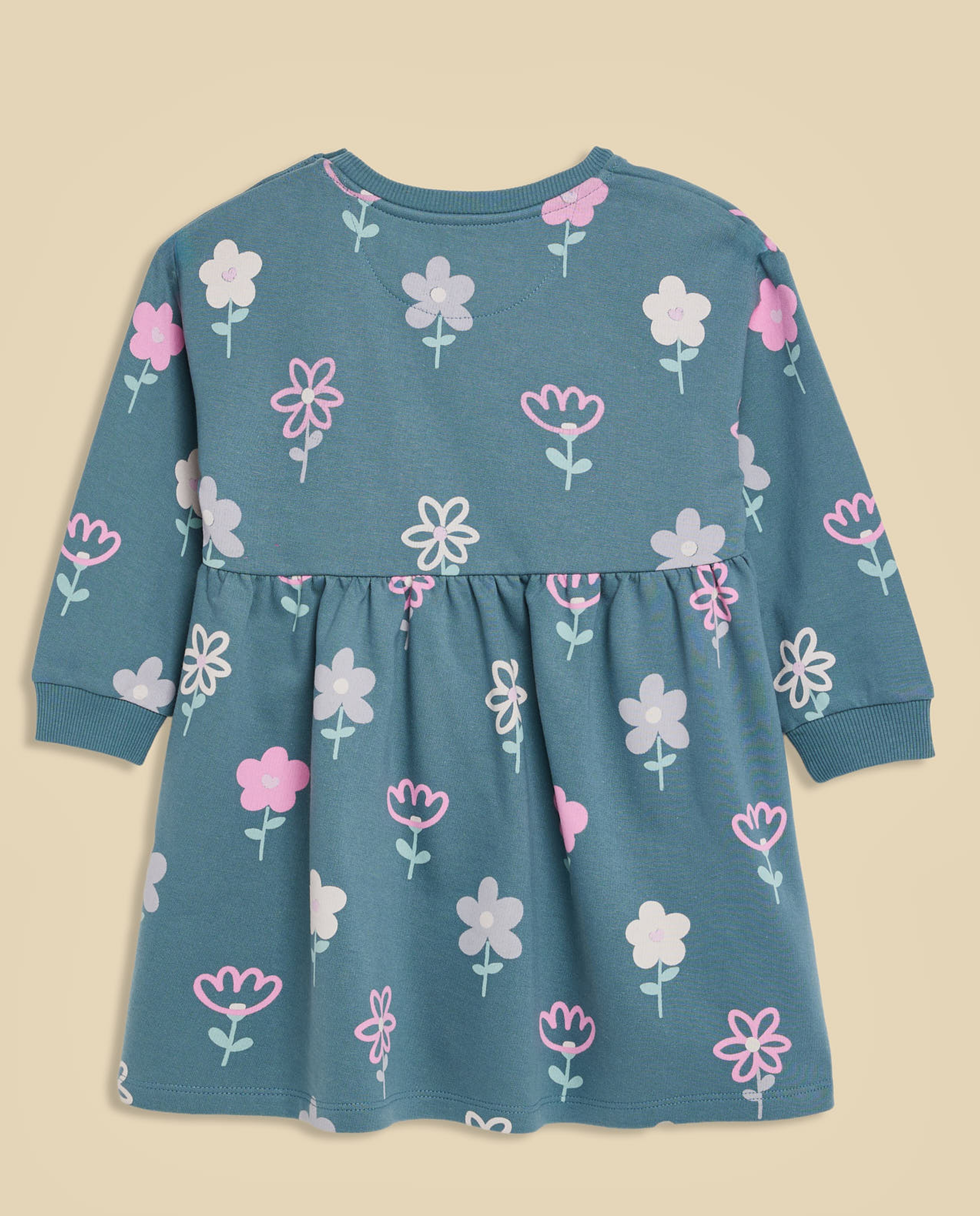 Printed Dress with Crew Neck and Long Sleeves