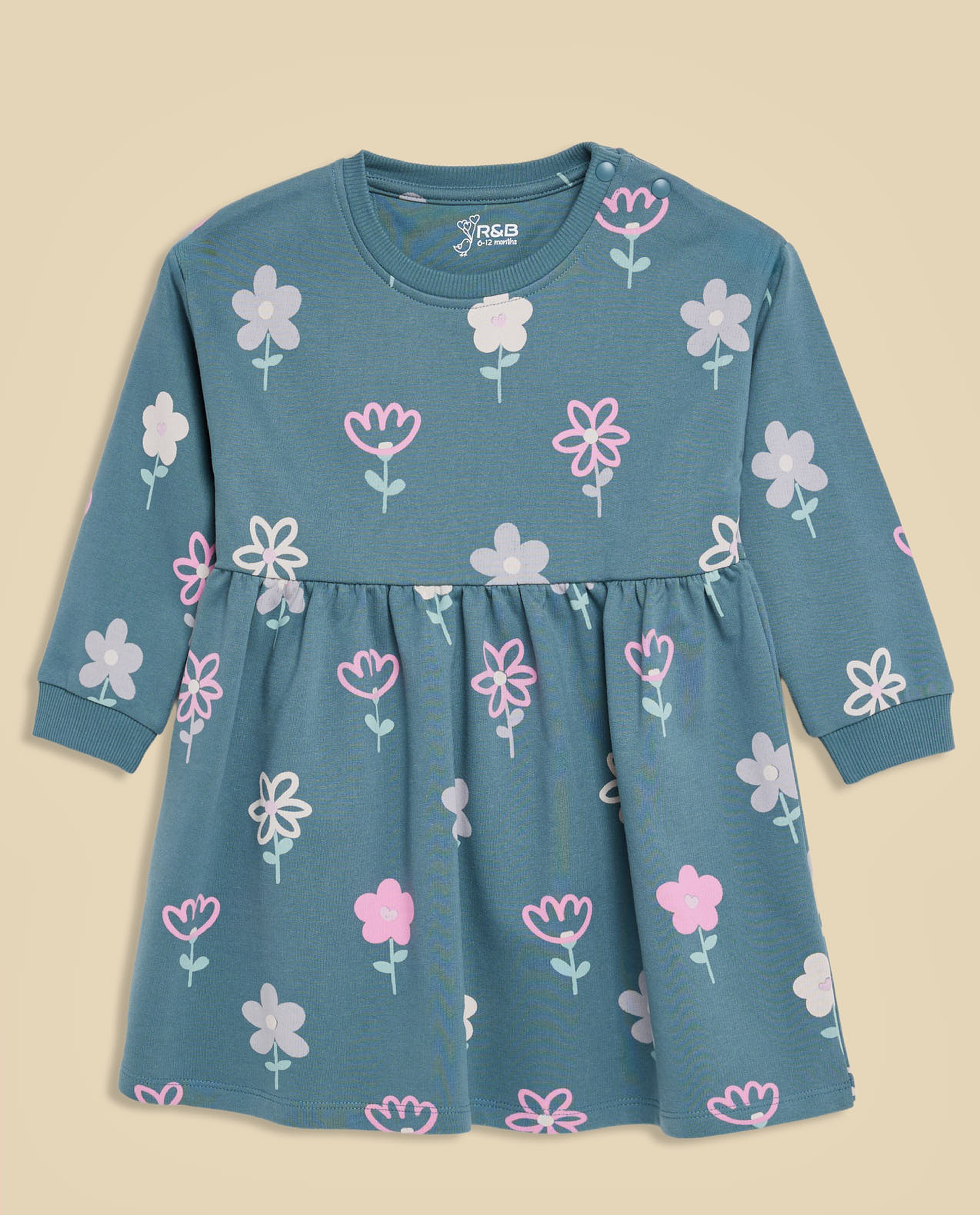 Printed Dress with Crew Neck and Long Sleeves